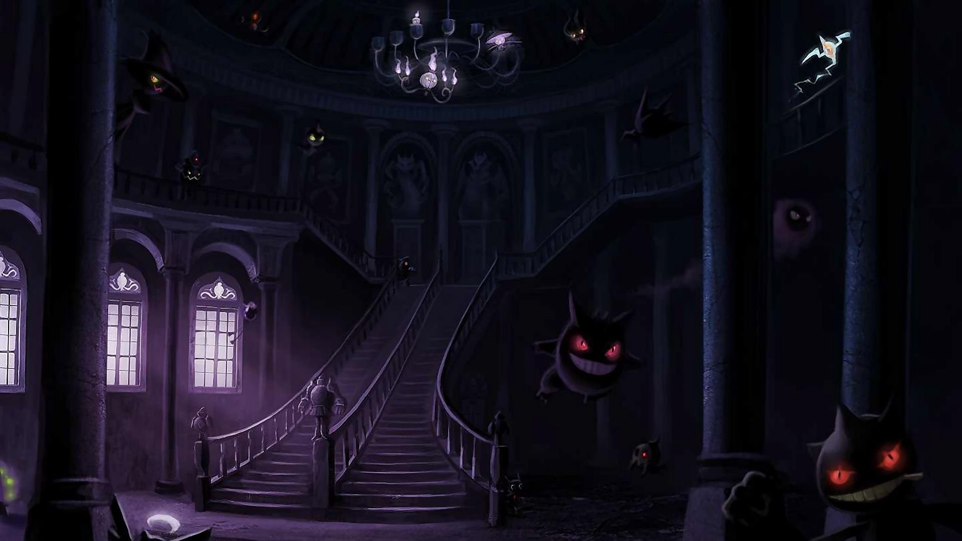 Gengar, Pokémon, Villa infestata, Scalinata, Dark, Full HD 1080p, sfondo desktop