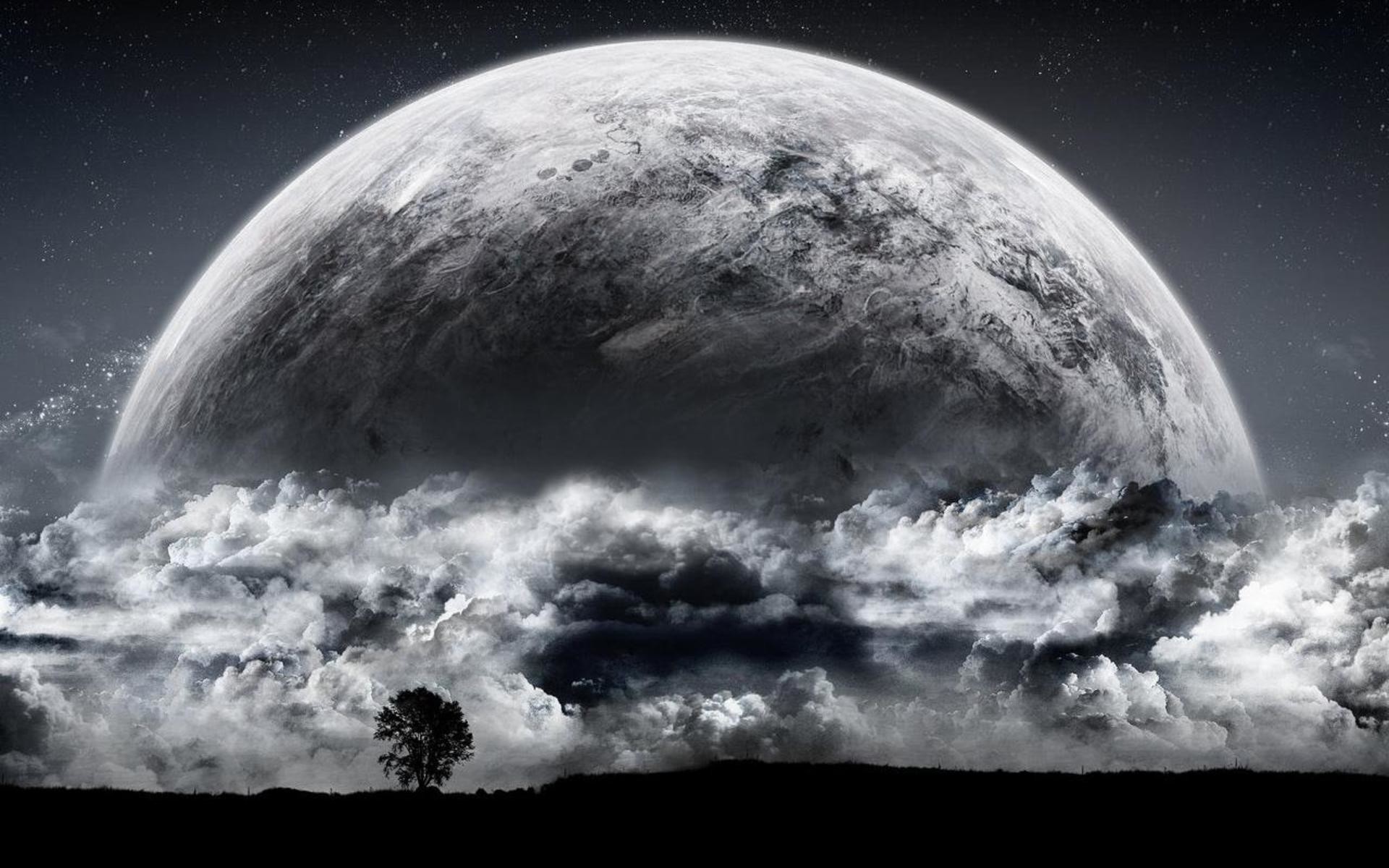 Luna gigante, Nuvole, Albero, Bianco e nero, 1920x1200, immagine di sfondo