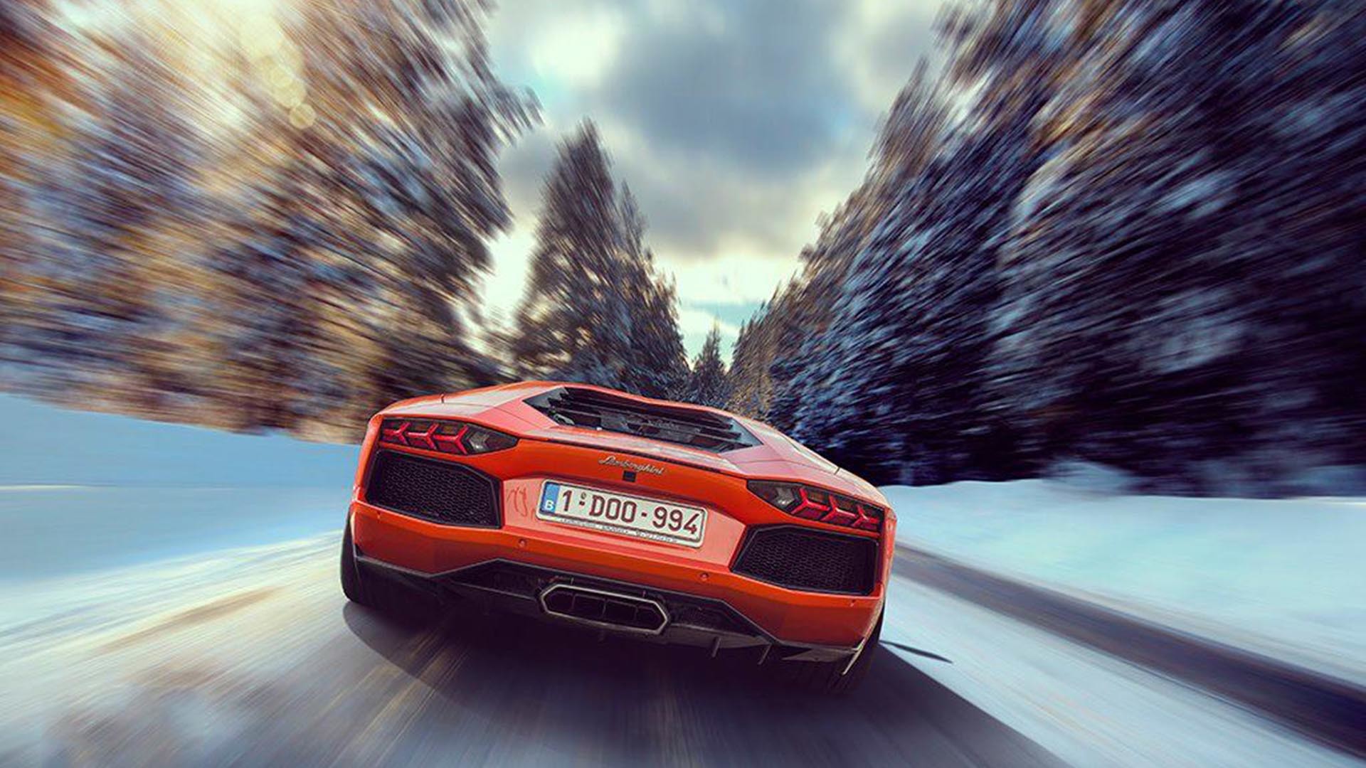 Lamborghini Aventador, Strada innevata, Motion blur, Arancione, 1920x1080, sfondo per PC