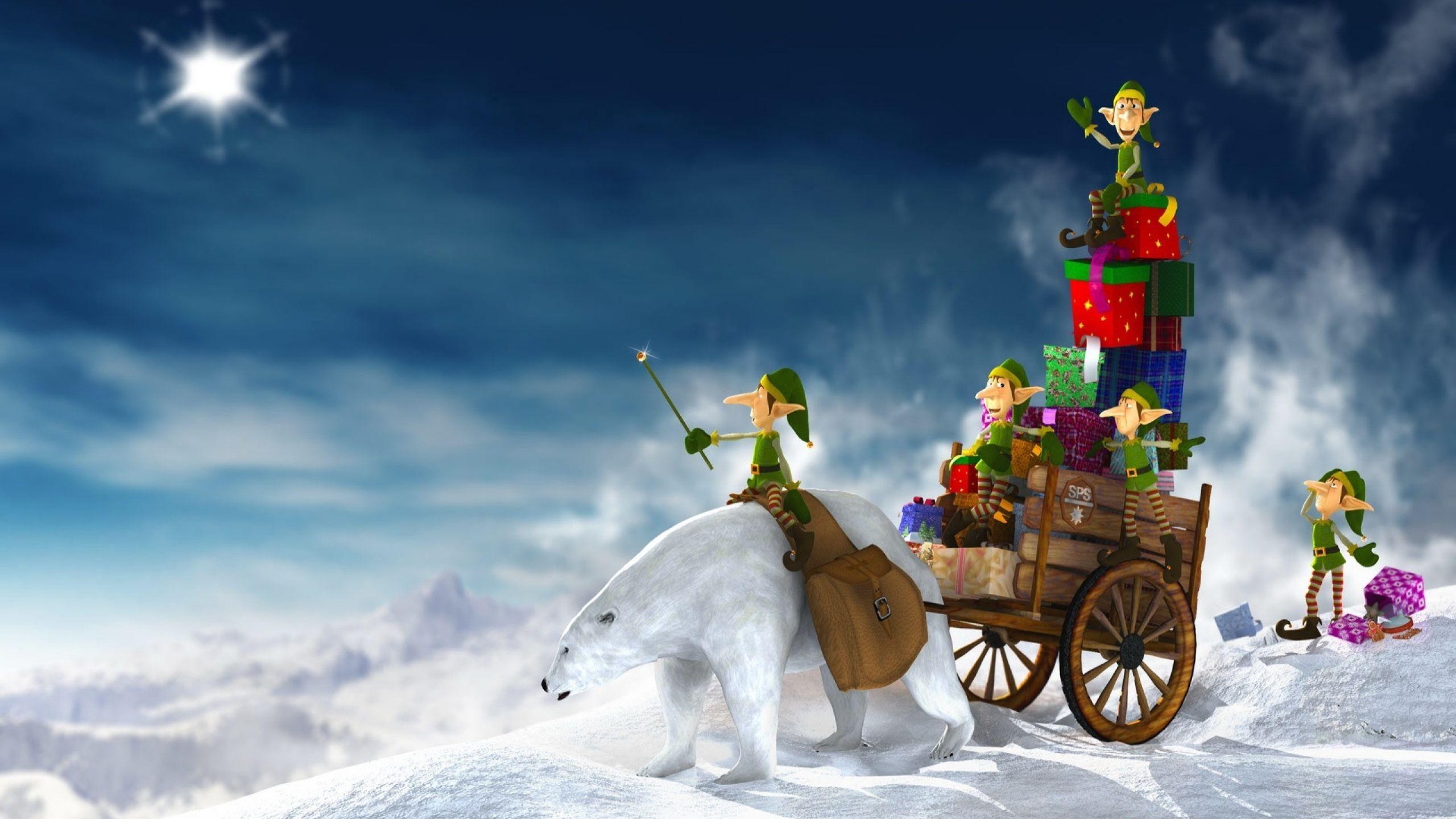 Elfi, Orso polare, Carretto, Regali, Neve, 2K, sfondo desktop