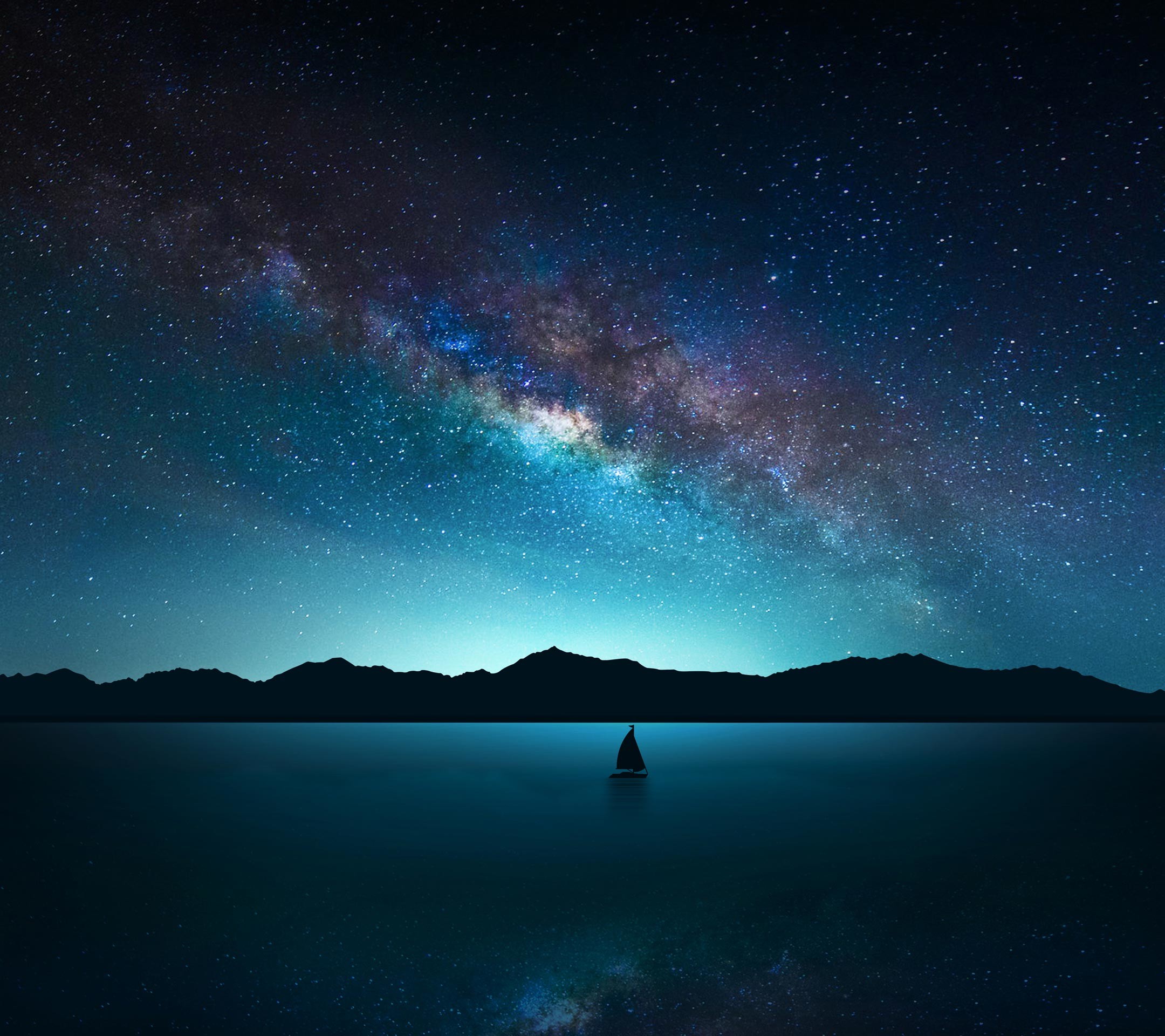 Via Lattea, Cielo stellato, Lago, Barca a vela, Notte, Full HD, sfondo per iPad e tablet