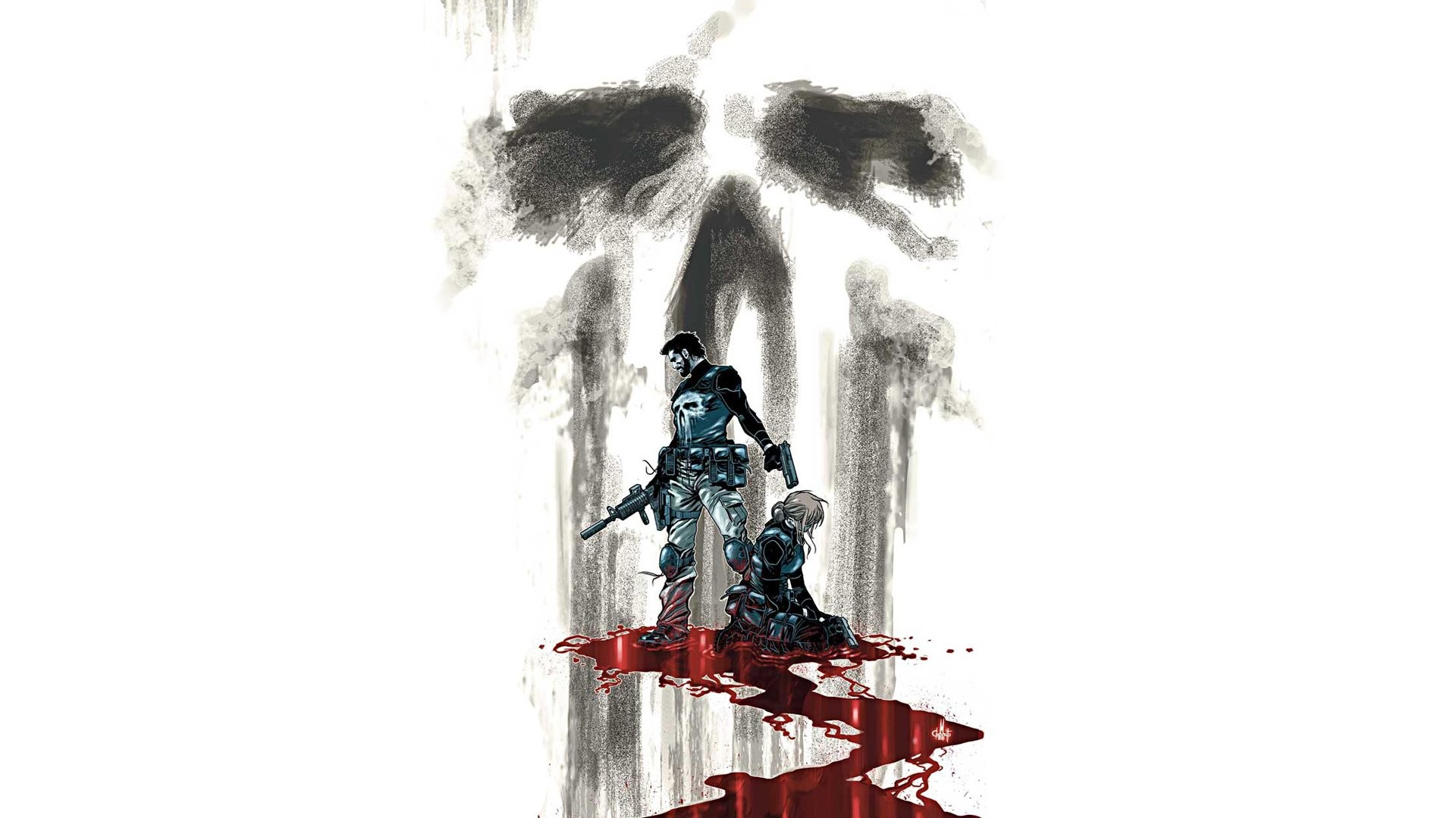 Teschio del Punitore, Frank Castle, The Punisher, Acquerello, Sangue, sfondo 16:9 Full HD
