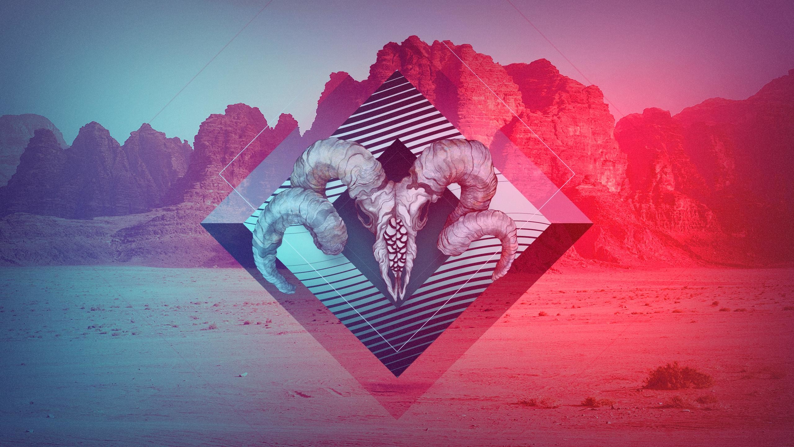 Teschio di montone, Rombo, Deserto, Montagne rosse, Arte hipster, sfondo desktop 1440p