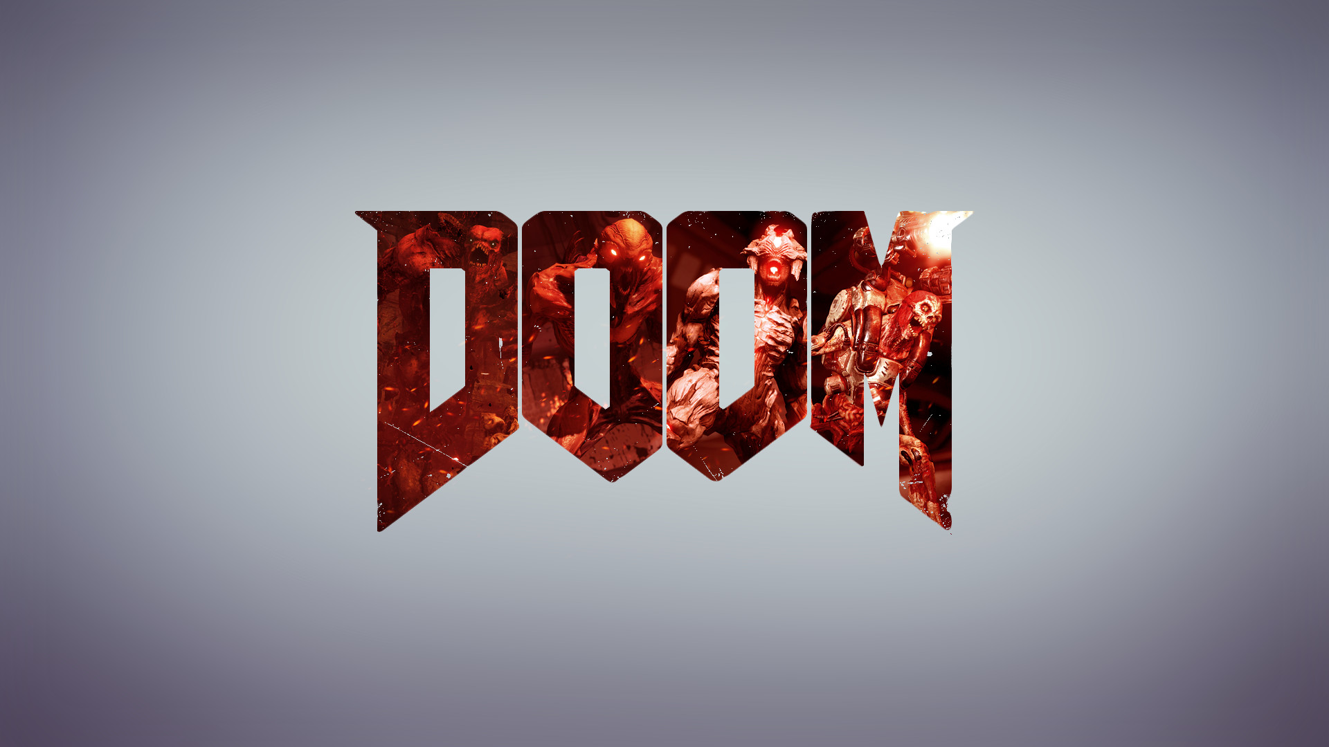 Doom, Logo, Sfondo grigio, 16:9 Full HD, wallpaper widescreen