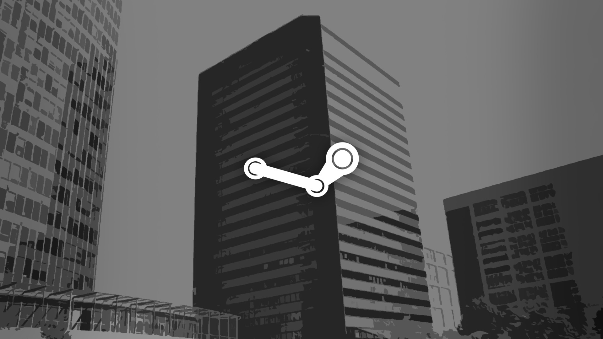 Logo Steam, Steam, Grattacieli, Bianco e nero, Full HD, sfondo per PC e portatile
