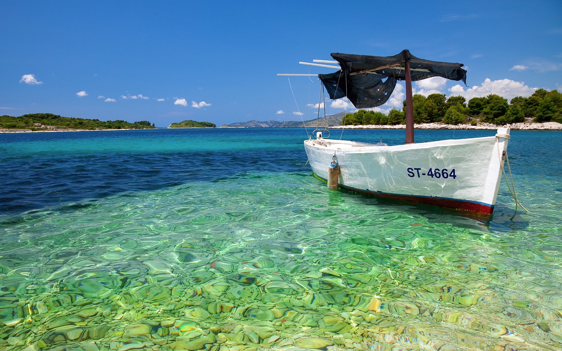 Barca di legno, Acqua cristallina, Mare, Isole, Full HD, sfondo per PC e portatile