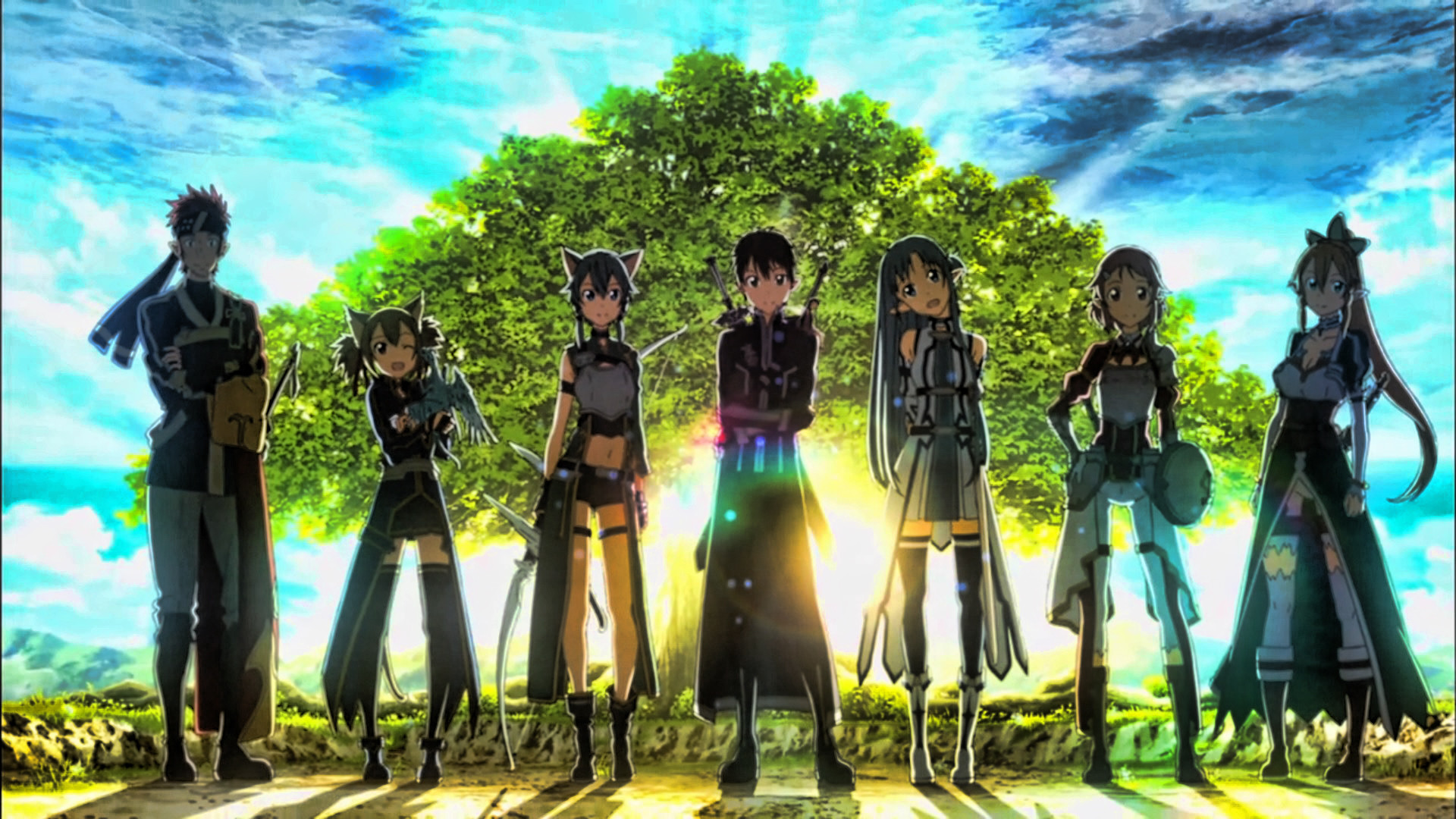Kirito, Sword Art Online, Gruppo, Albero, 16:9 Full HD, sfondo widescreen