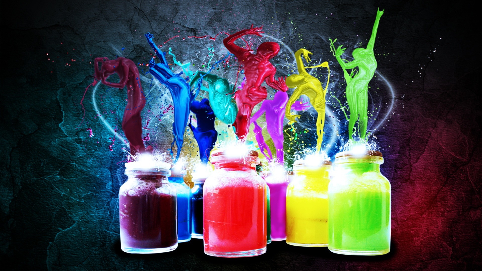 Barattoli di colore, Schizzi di vernice, Figure danzanti, Colori, sfondo Full HD per desktop