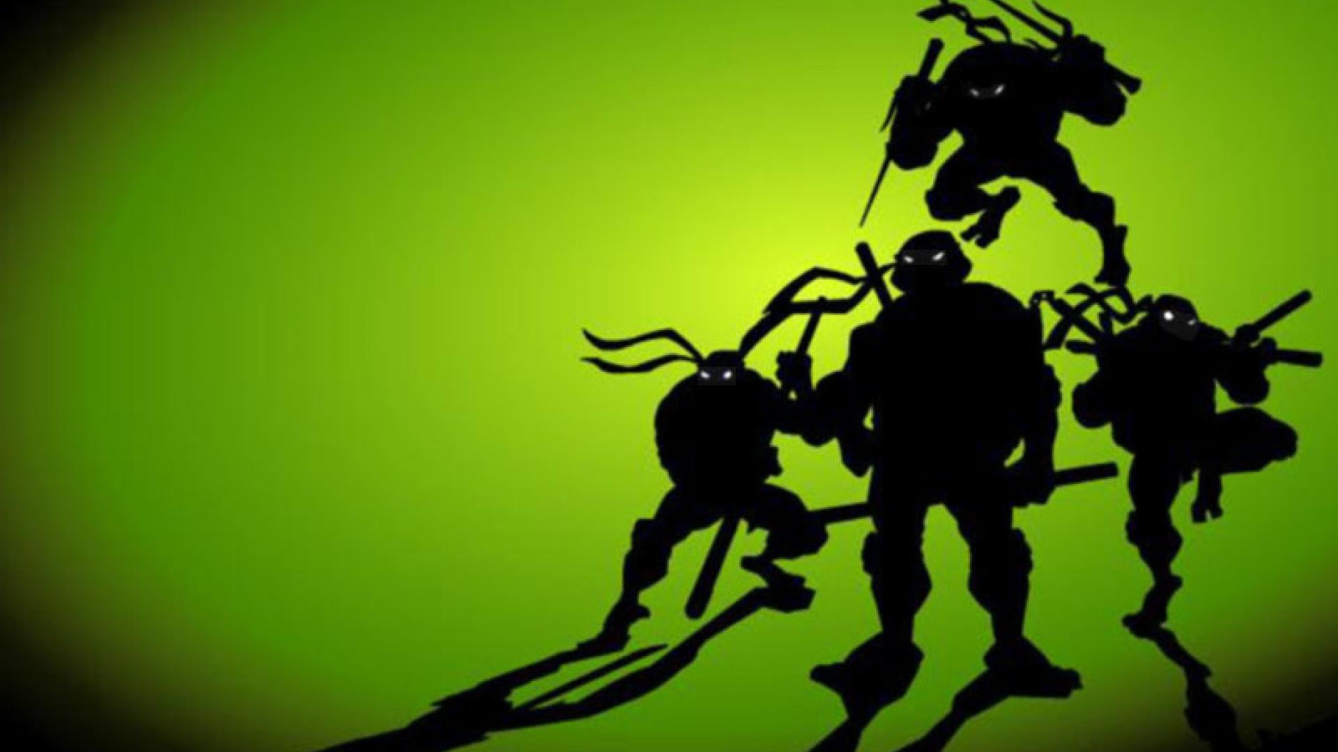 Tartarughe Ninja, Silhouette, Sfondo verde, 16:9 Full HD, wallpaper widescreen