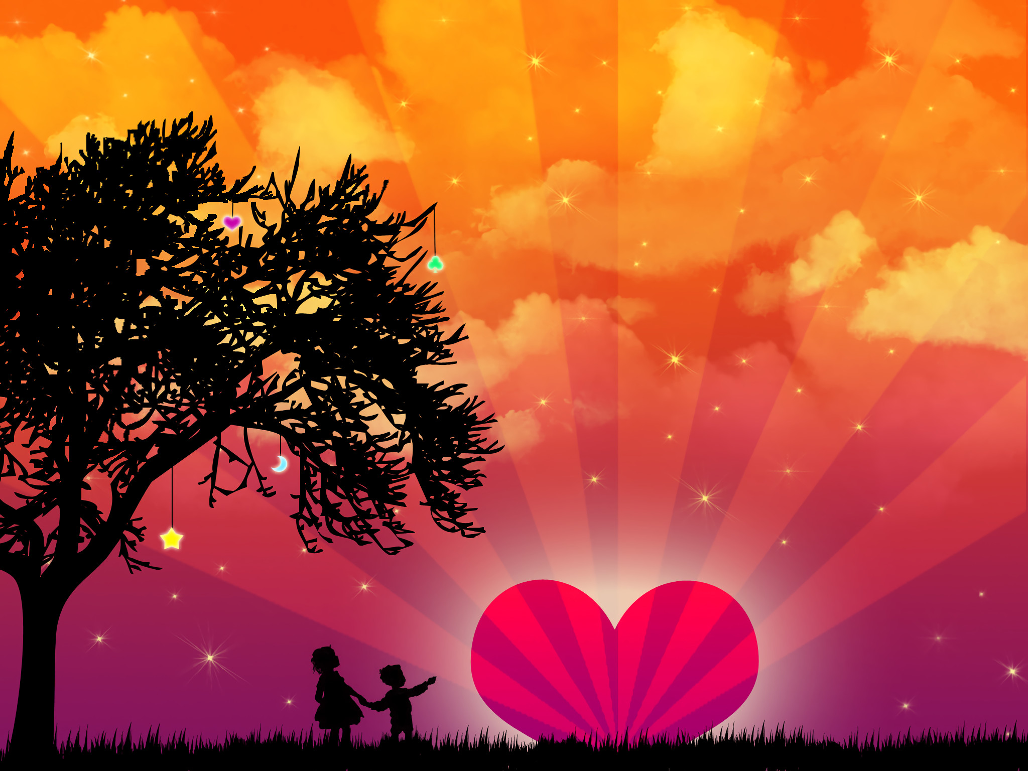 Cuore, Albero, Sagome di bambini, Tramonto, Illustrazione, Full HD, schermata di blocco iPad