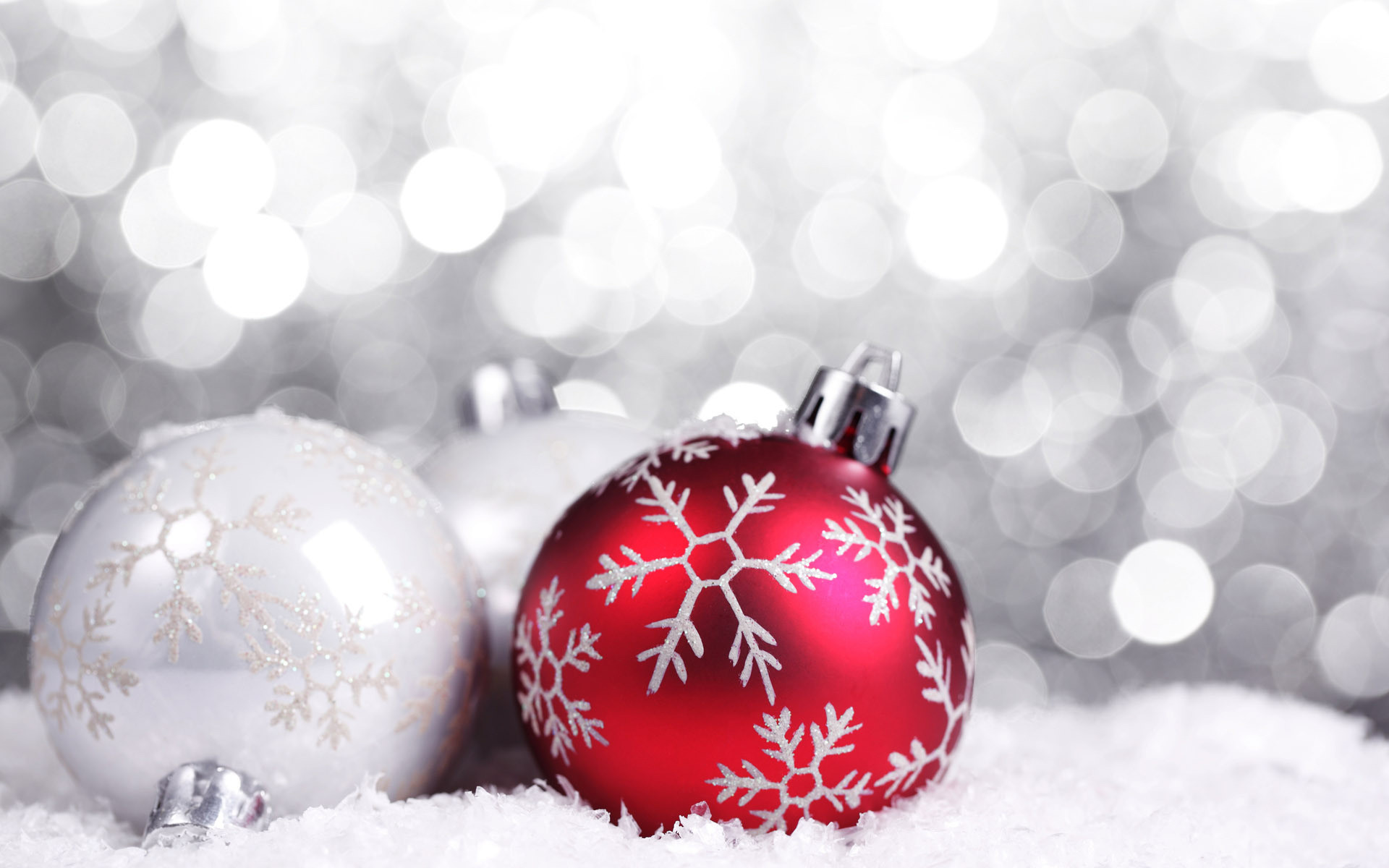 Palline di Natale, Neve, Bokeh, Rosso e argento, Full HD, sfondo per portatile