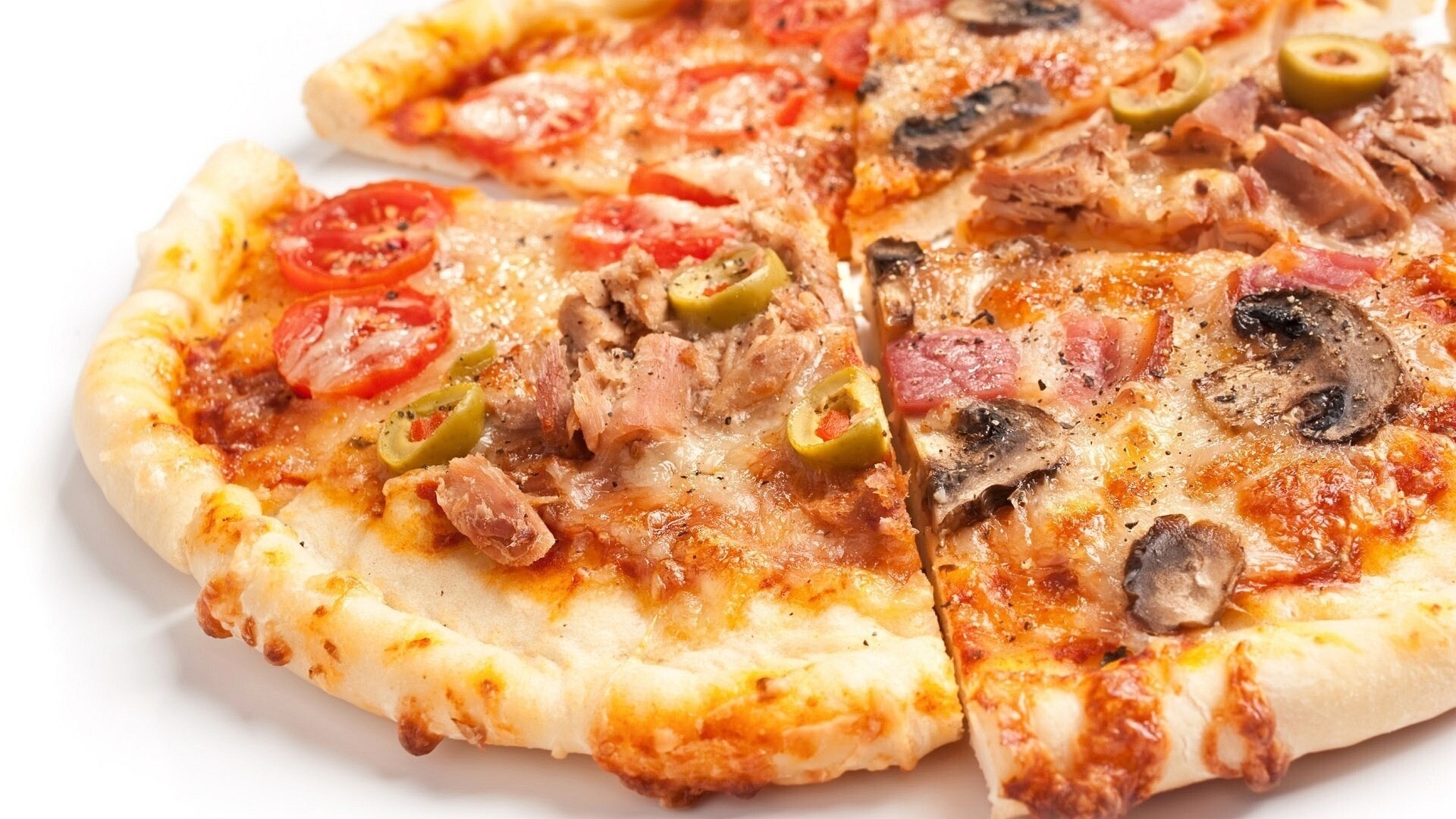 Pizza, Tonno, Funghi, Olive, Fette, Full HD, sfondo desktop