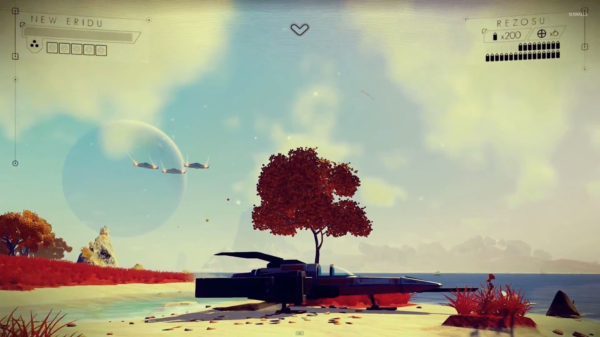 No Man's Sky, Astronave, Spiaggia, Albero rosso, Gameplay, Full HD, sfondo desktop
