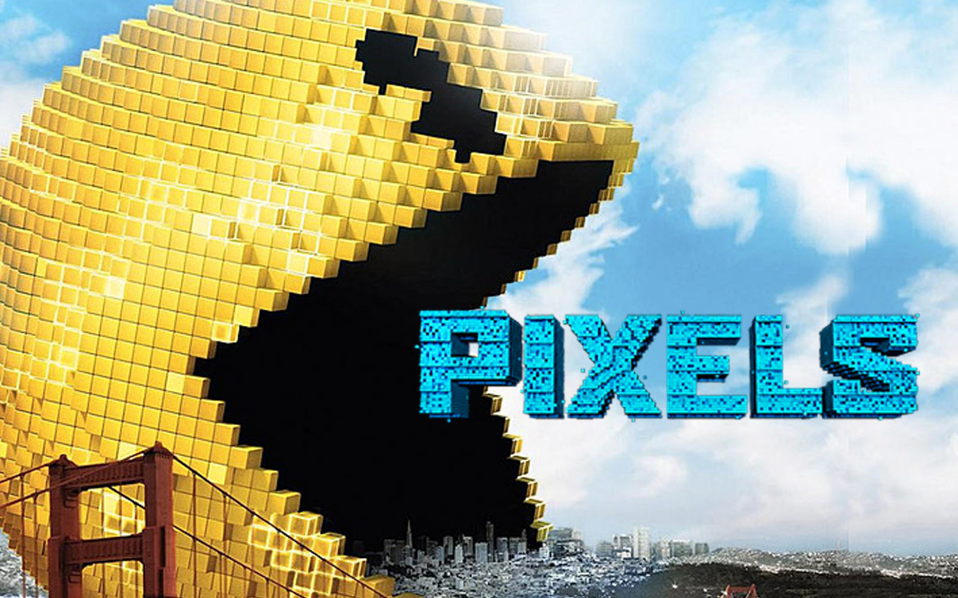 Pixels, Pac-Man, Golden Gate Bridge, Voxel, Locandina film, Full HD, sfondo desktop