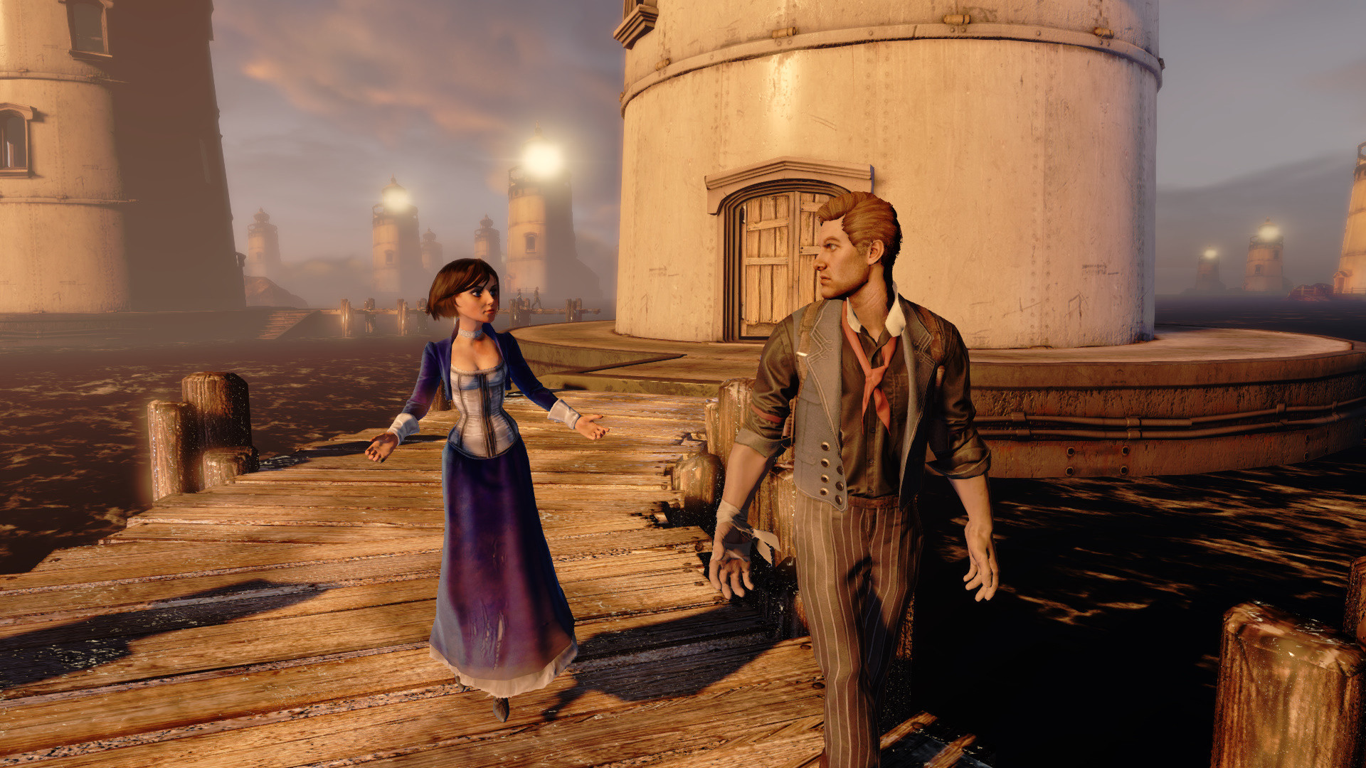 Elizabeth, Booker DeWitt, BioShock Infinite, Faro, Molo, Full HD, sfondo per PC e portatile
