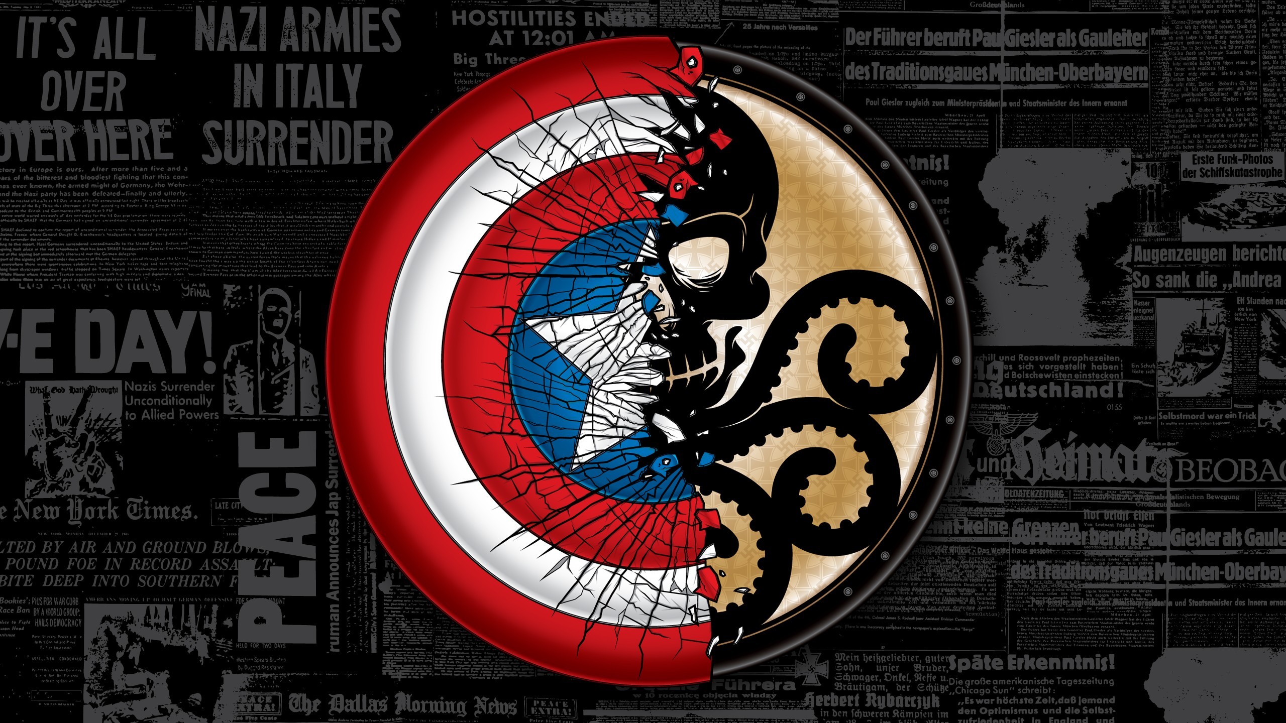 Scudo di Capitan America, Teschio di Hydra, Giornali, Collage, 2K, sfondo per PC