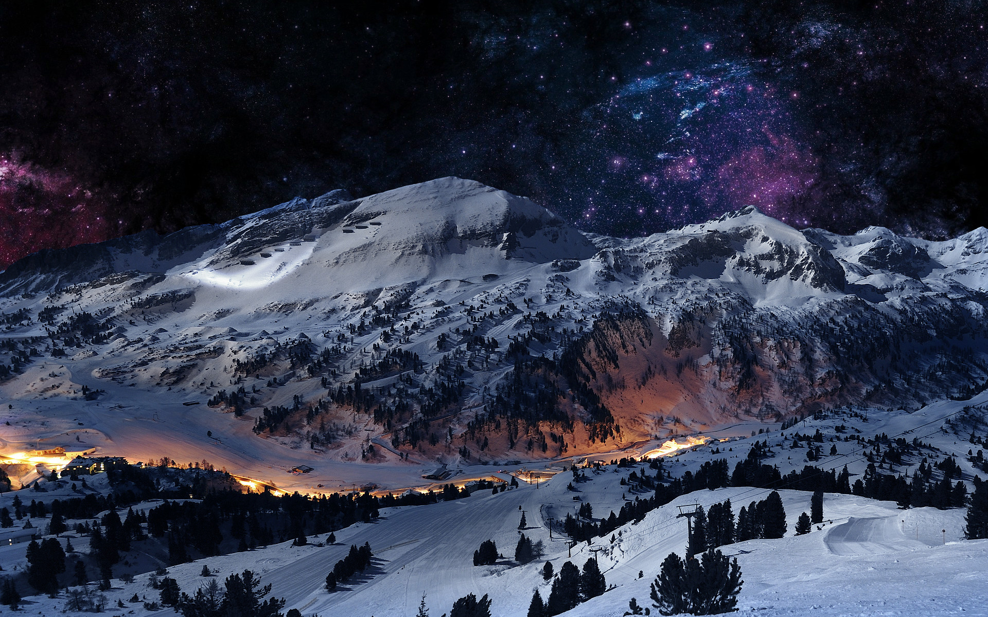 Montagne innevate, Notte, Cielo stellato, Villaggio, 1920x1200, sfondo per PC