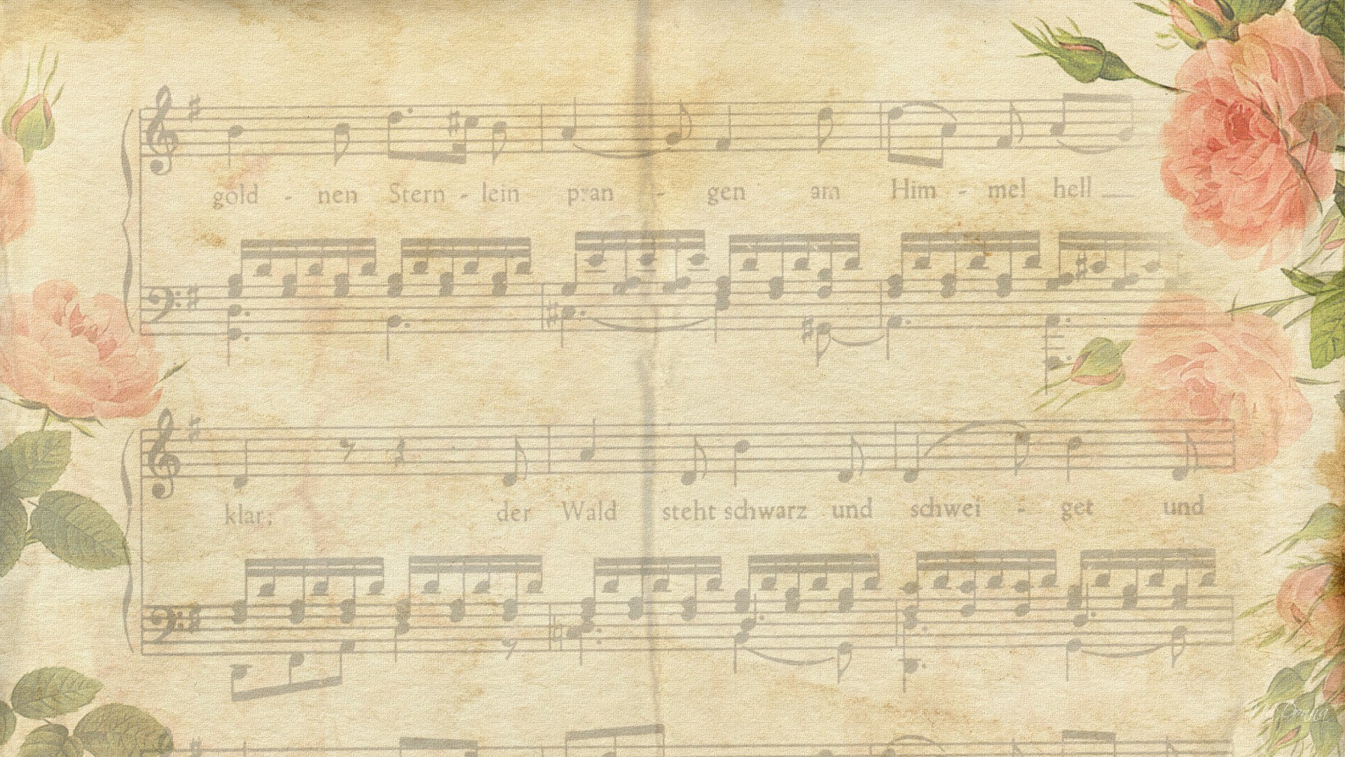 Spartito, Rose, Carta antica, Note musicali, Full HD, wallpaper per PC