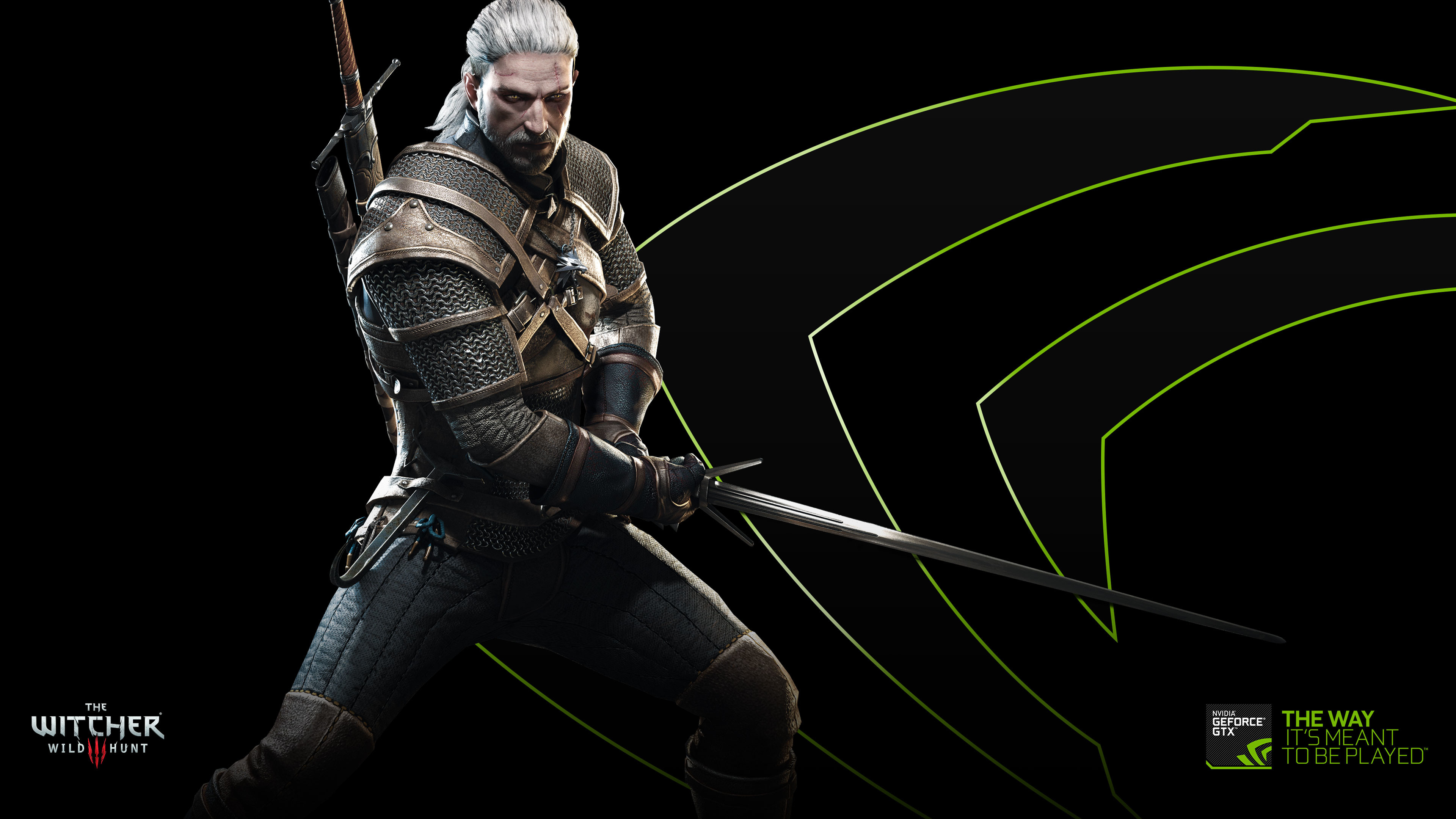 Geralt di Rivia, The Witcher 3: Wild Hunt, Nvidia GeForce, Nero, sfondo 16:9 4K