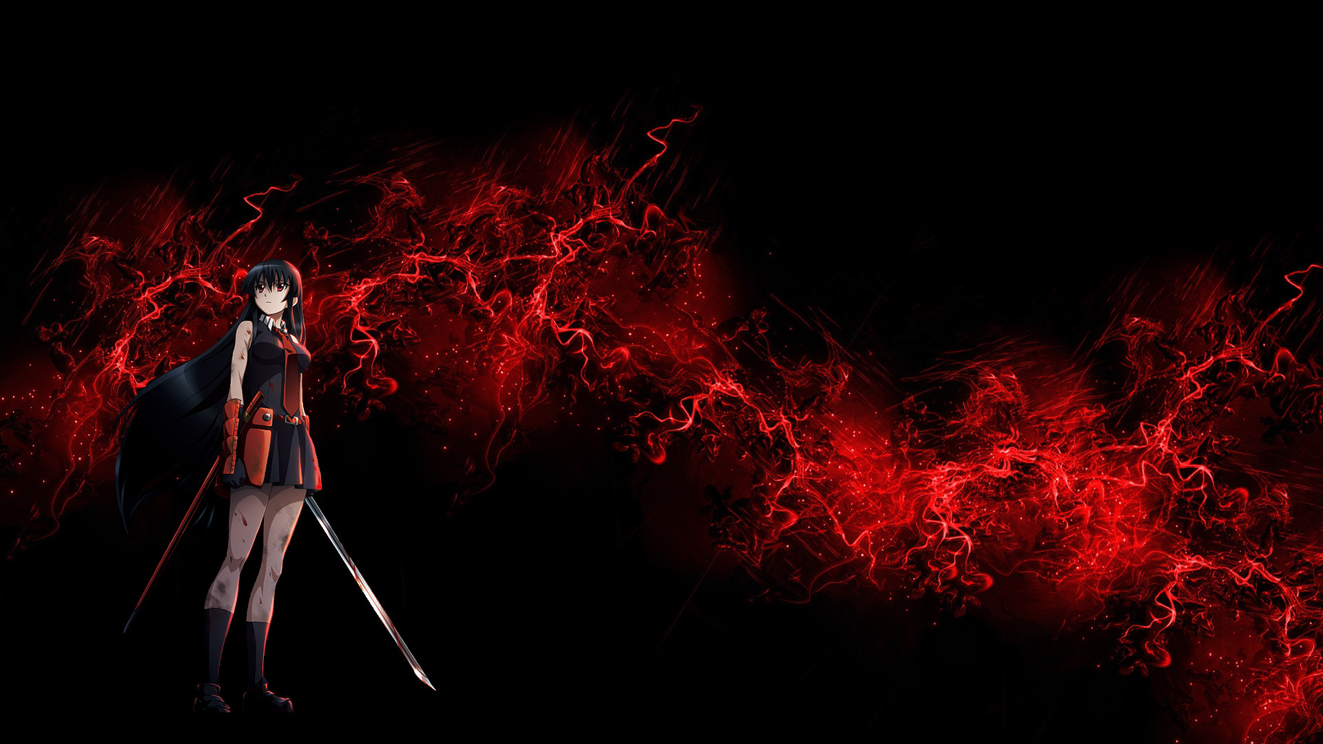 Akame, Akame ga Kill!, Fulmini rossi, Sfondo nero, Full HD, wallpaper per computer