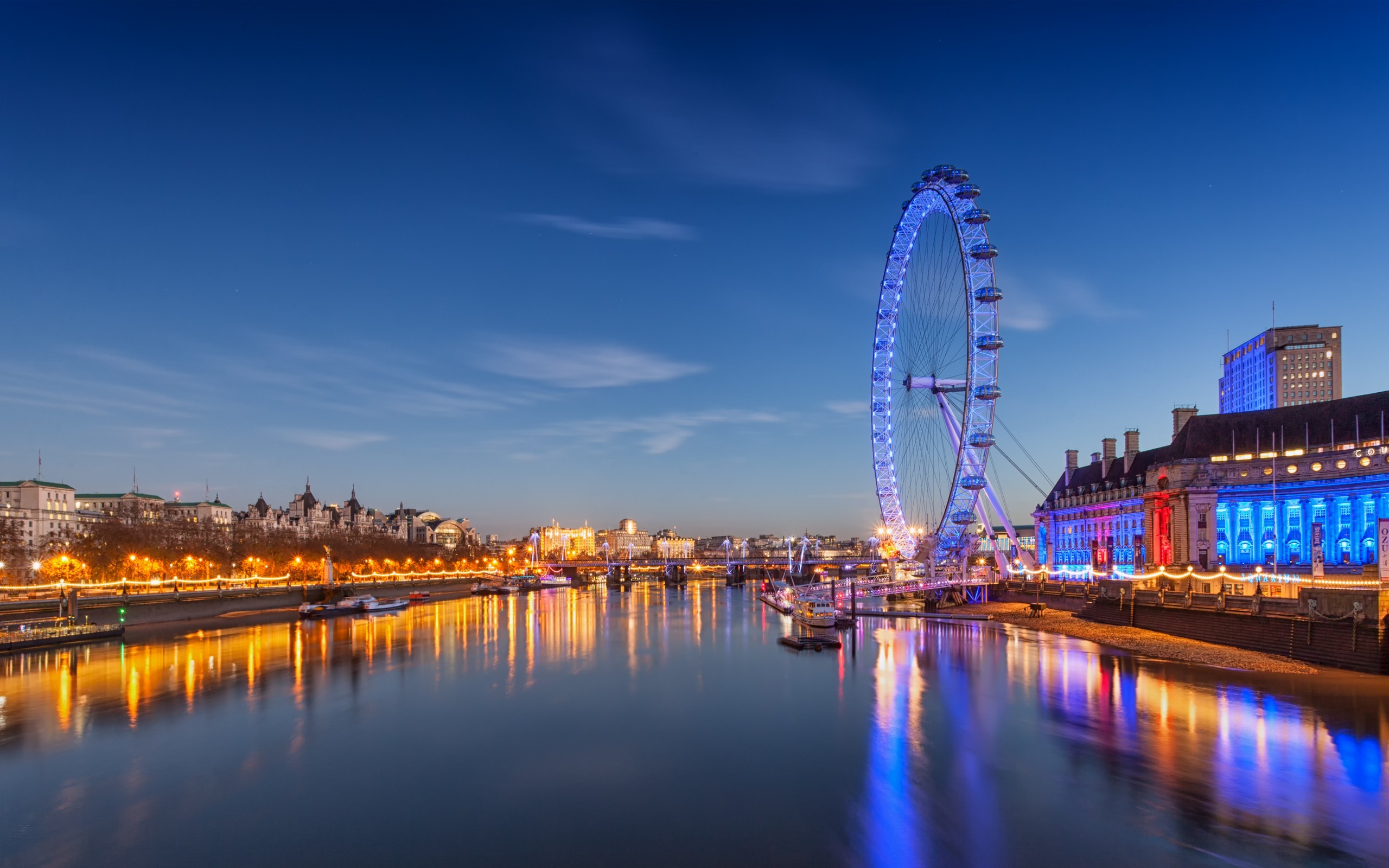 London Eye, Tamigi, Londra, Notte, Riflesso, 2560x1600, sfondo MacBook Pro