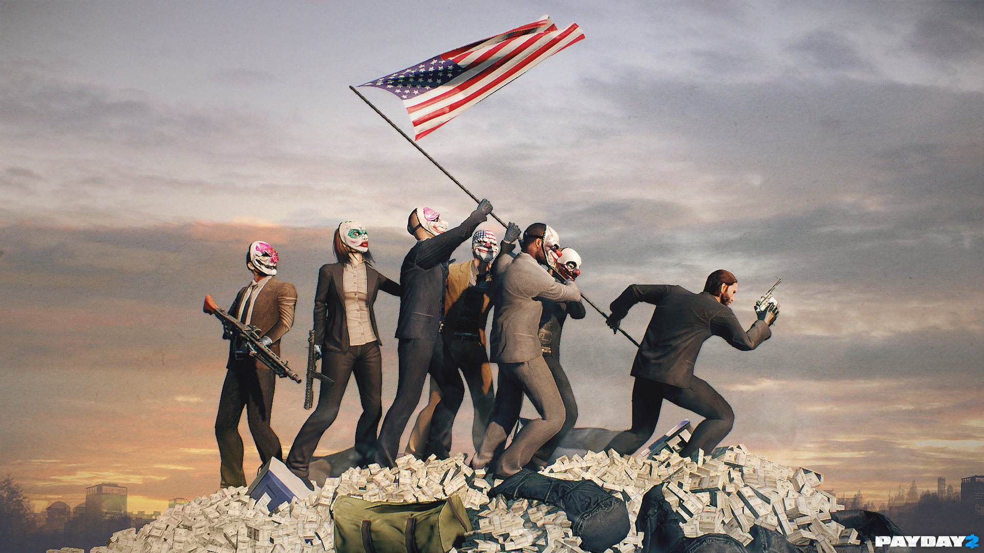 Payday Gang, Payday 2, Bandiera americana, Banconote, Tramonto, Full HD 1080p, sfondo desktop