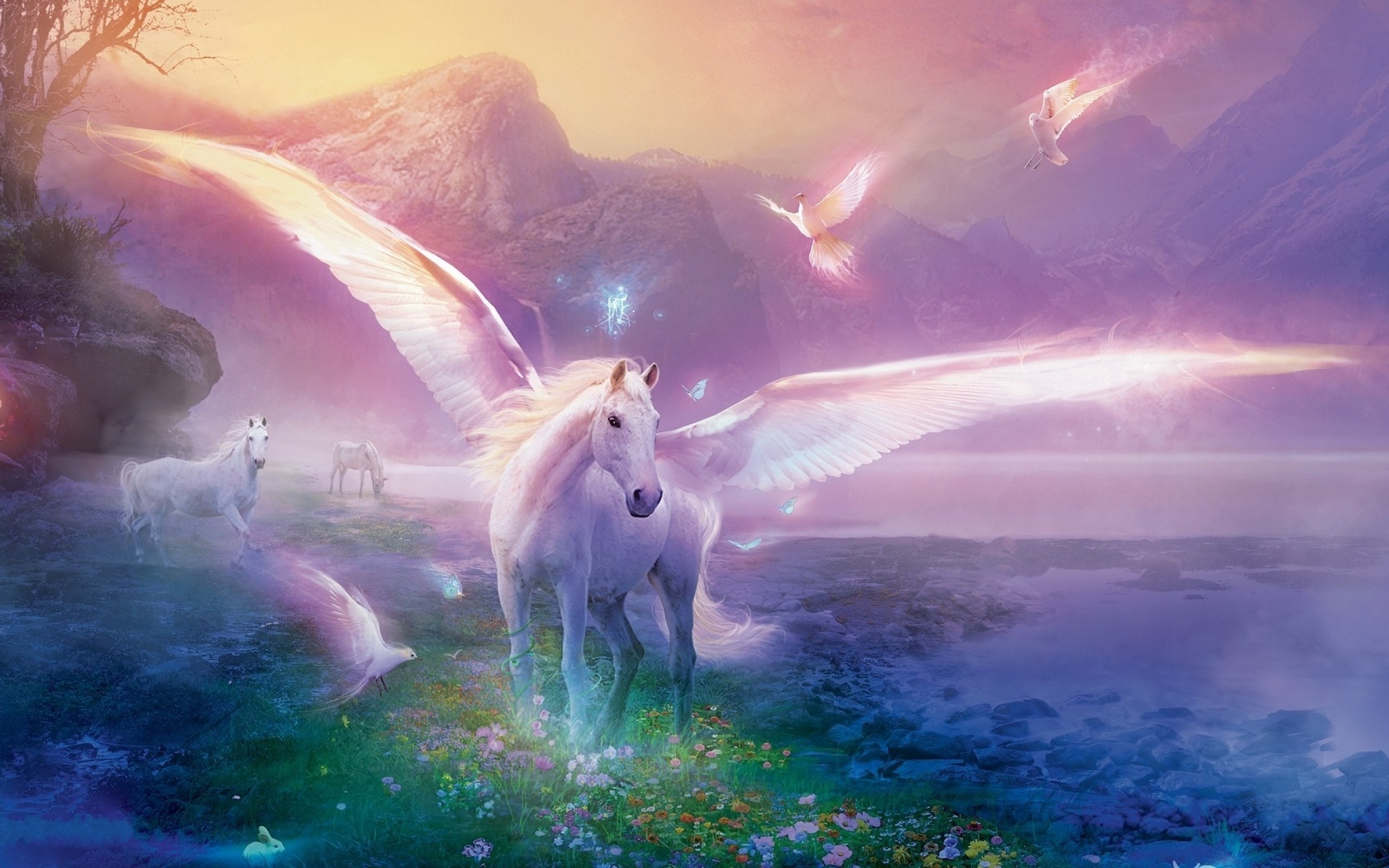 Unicorno alato, Pegaso, Fantasy, Montagne, Toni pastello, 2K, sfondo Windows 11