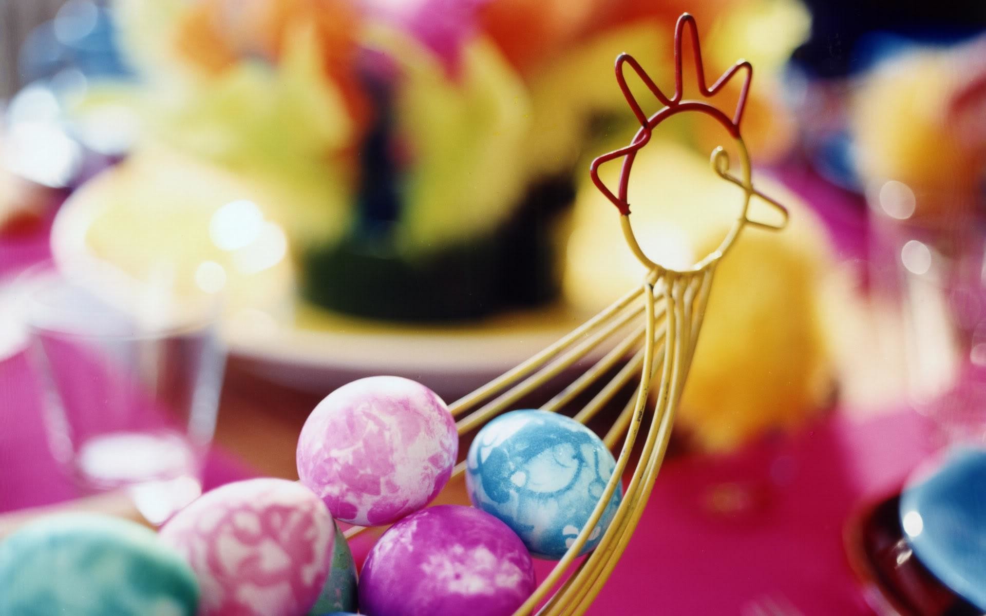 Uova di Pasqua, Gallina decorativa, Uova colorate, Bokeh, 1920x1200, sfondo per PC
