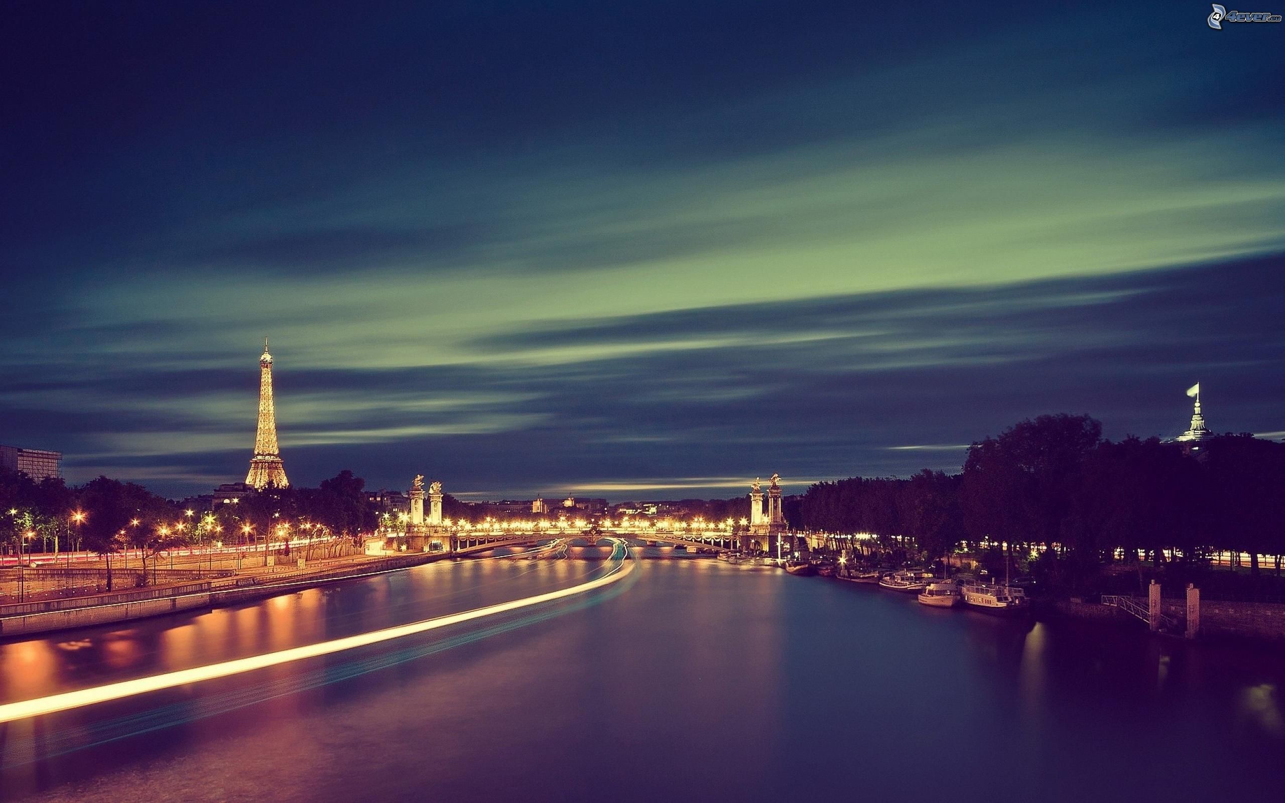 Torre Eiffel, Senna, Parigi, Notte, Lunga esposizione, 2K 1600p, sfondo desktop