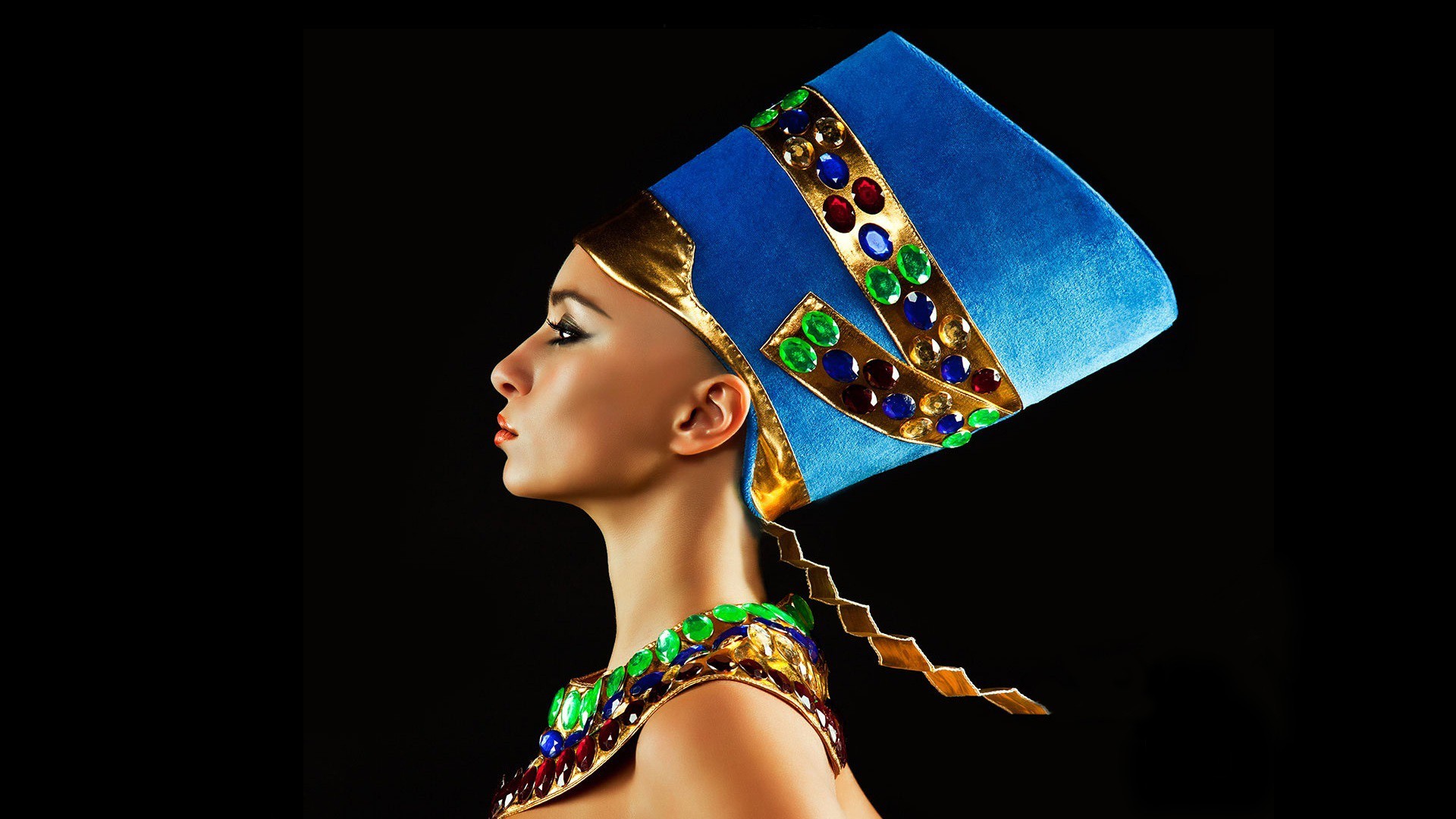Nefertiti, Regina egizia, Copricapo, Profilo, Sfondo nero, 16:9 Full HD, wallpaper widescreen