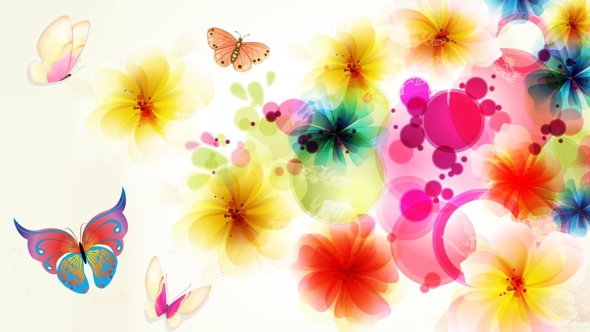 Fiori astratti, Farfalle, Colorato, Sfondo bianco, Full HD, wallpaper desktop