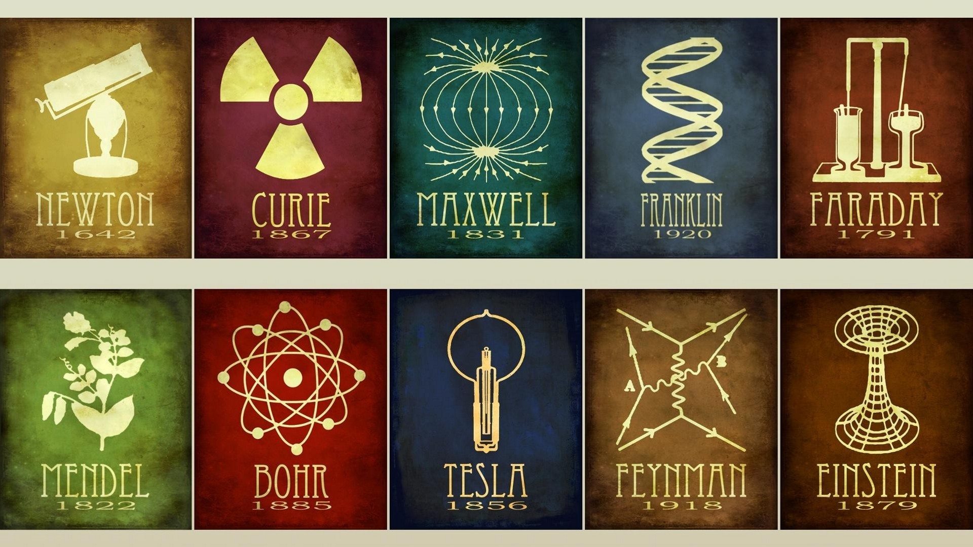 Isaac Newton, Marie Curie, Albert Einstein, Nikola Tesla, Scienziati, Poster vintage, immagine di sfondo