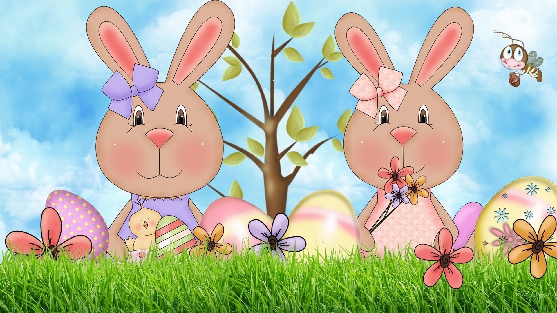 Coniglietti, Uova di Pasqua, Cartone animato, Prato, Full HD 1080p, sfondo desktop