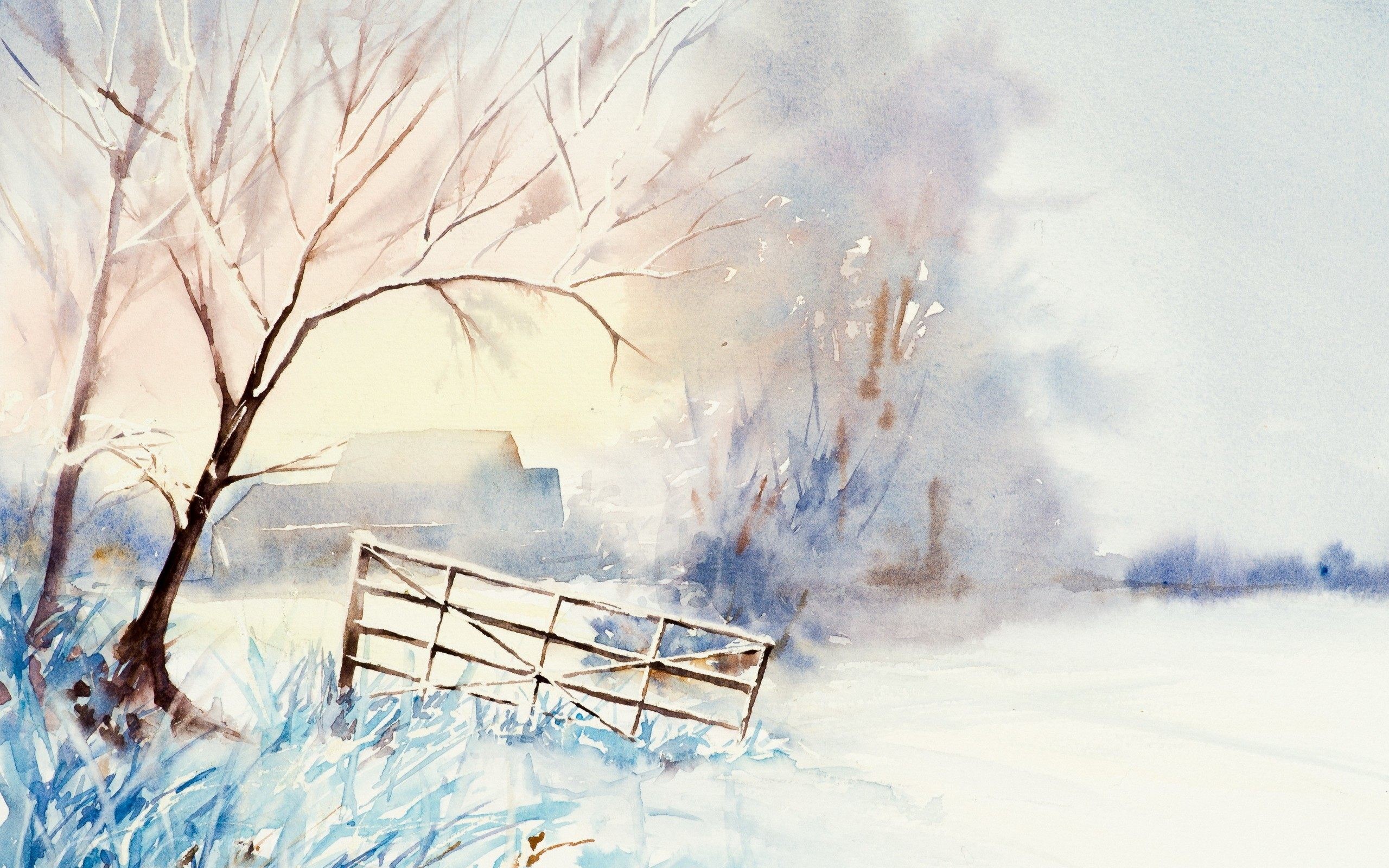Paesaggio invernale, Albero, Staccionata, Neve, Acquerello, 2K 1600p, sfondo desktop