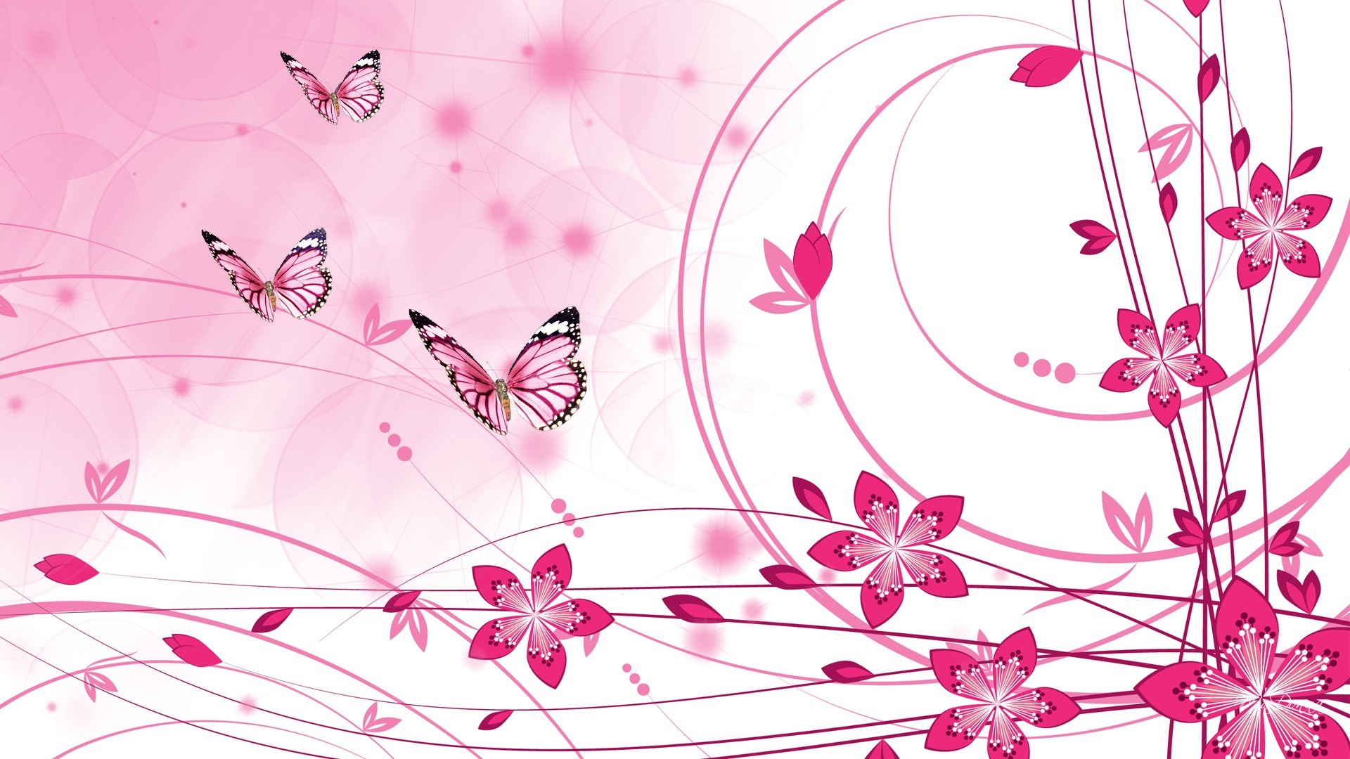Farfalle, Fiori, Motivo floreale, Rosa, Full HD, sfondo per portatile