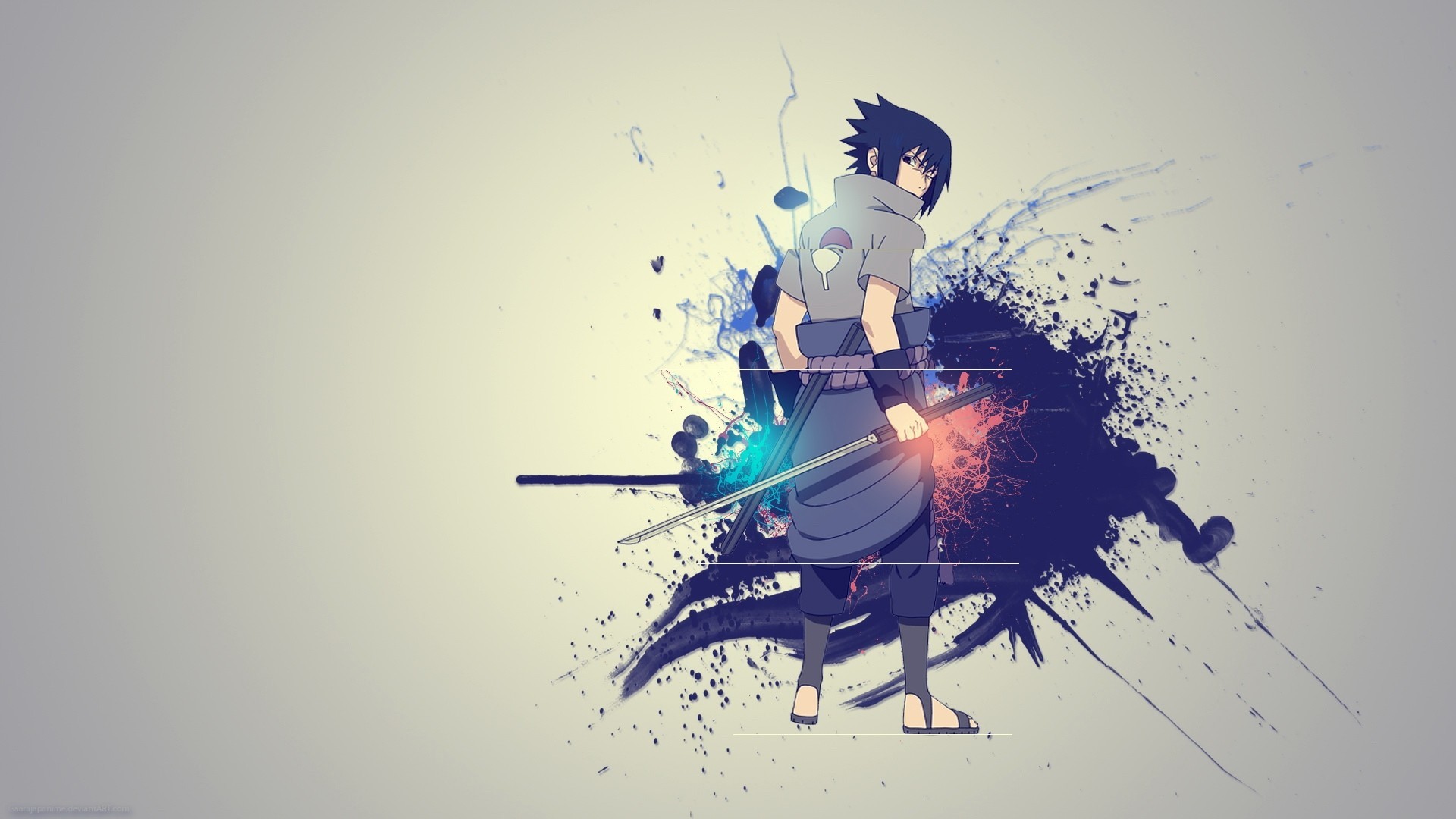 Sasuke Uchiha, Naruto, Schizzi d'inchiostro, Katana, 16:9 Full HD, sfondo widescreen
