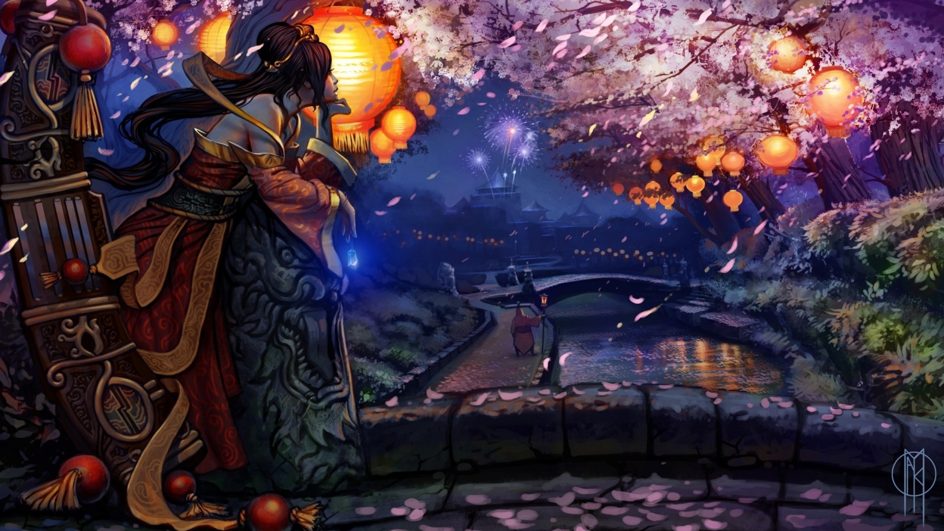 Geisha, Giappone, Ciliegi in fiore, Lanterne, Arte digitale, Notte, sfondo Windows 11