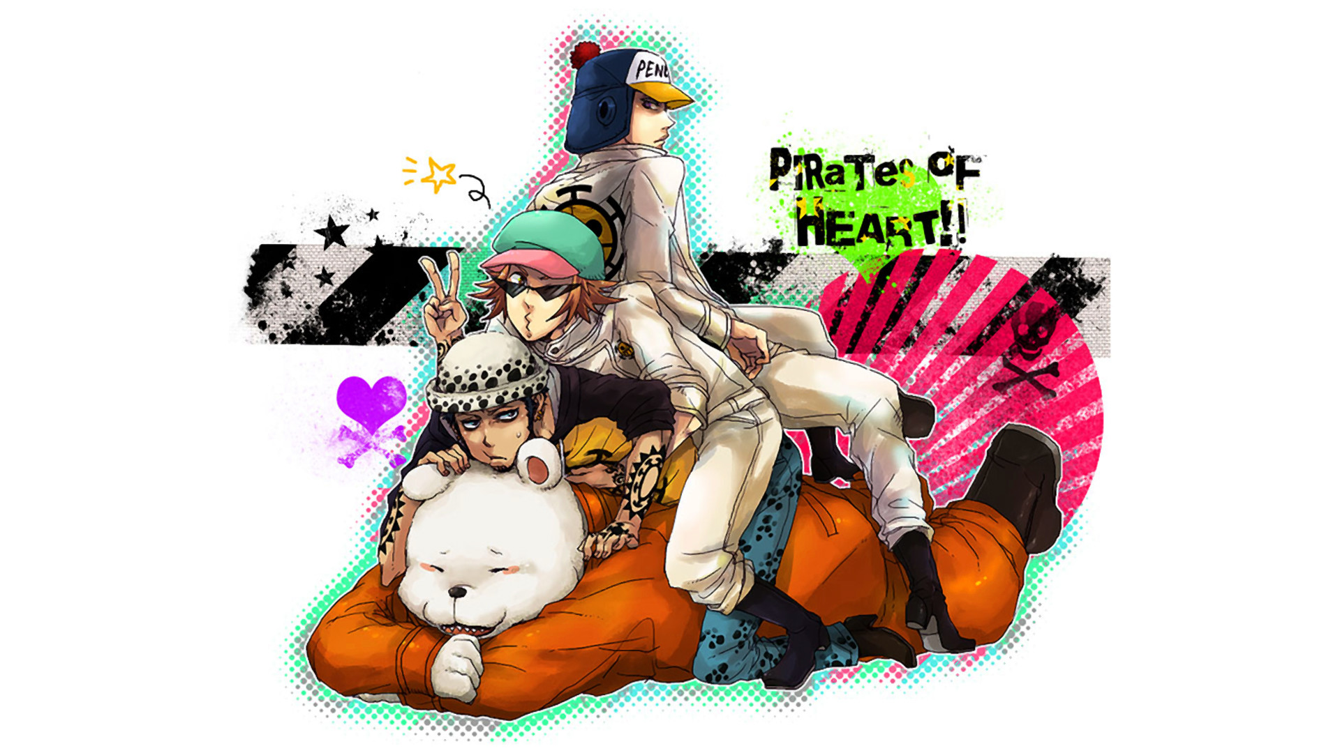 Trafalgar Law, Bepo, Pirati Heart, Sfondo bianco, 1920x1080, wallpaper desktop