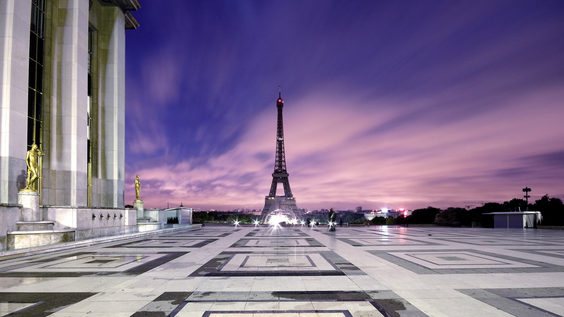 Torre Eiffel, Palais de Chaillot, Parigi, Cielo viola, Lunga esposizione, sfondo per portatile