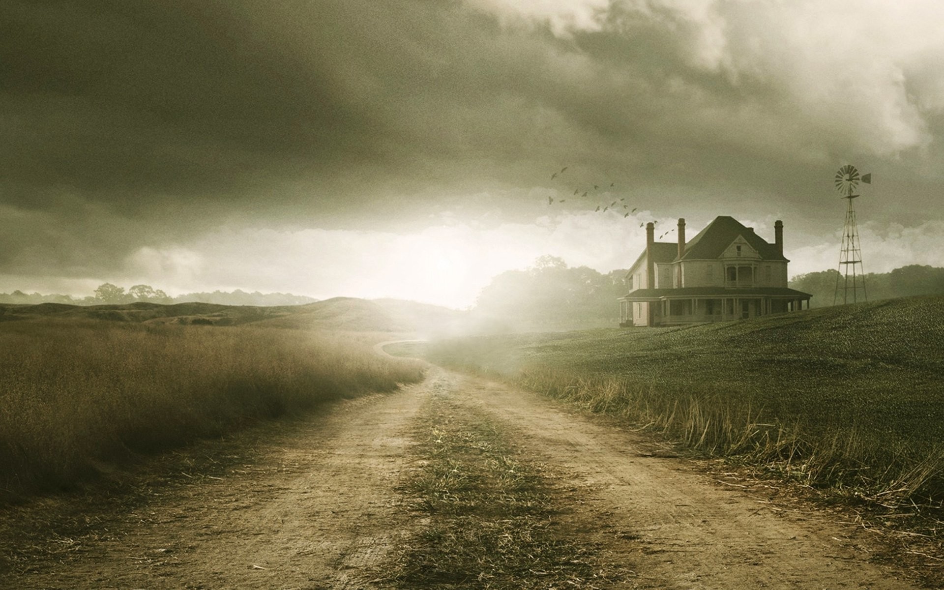 The Walking Dead, Fattoria Greene, Strada sterrata, Campagna, Nebbia, sfondo Full HD per computer