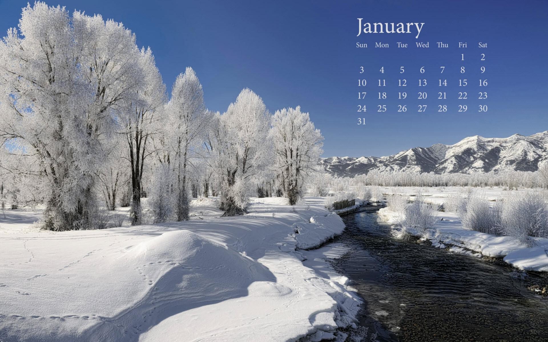 Calendario gennaio, Alberi brinati, Fiume, Neve, Full HD, sfondo per portatile