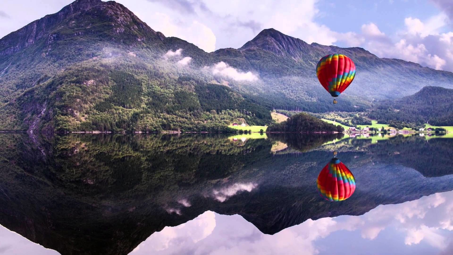 Mongolfiera, Lago, Montagne, Riflesso, 16:9 Full HD, sfondo widescreen