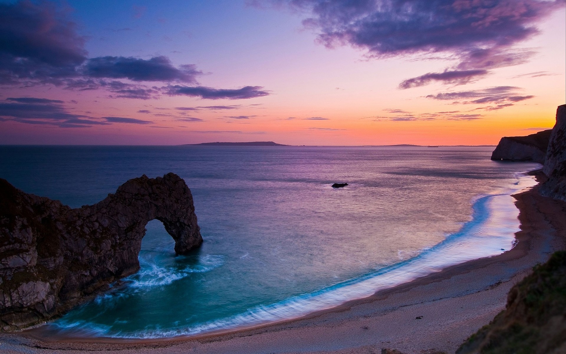 Durdle Door, Dorset, Arco naturale, Spiaggia, Tramonto, 16:10 Full HD, sfondo widescreen