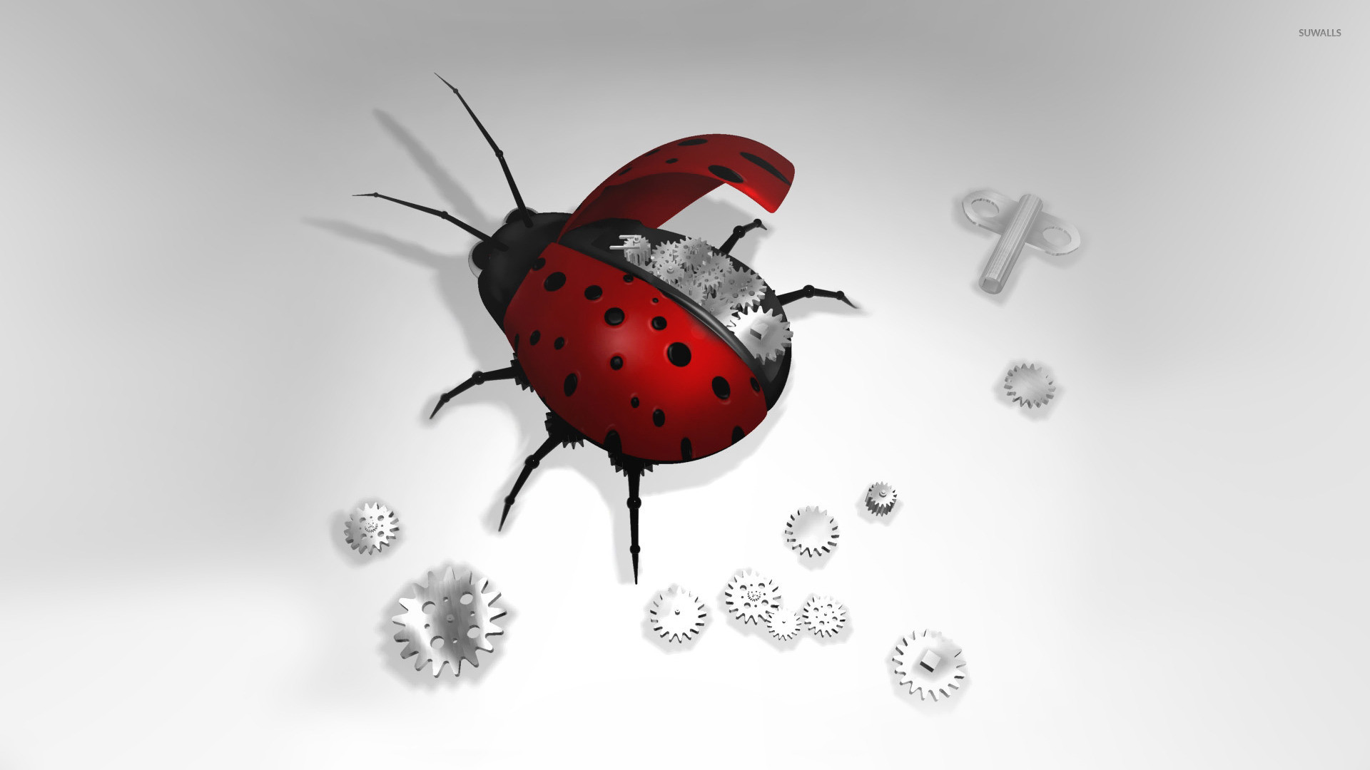 Coccinella robotica, Ingranaggi, Rendering 3D, Sfondo bianco, Full HD, wallpaper per portatile