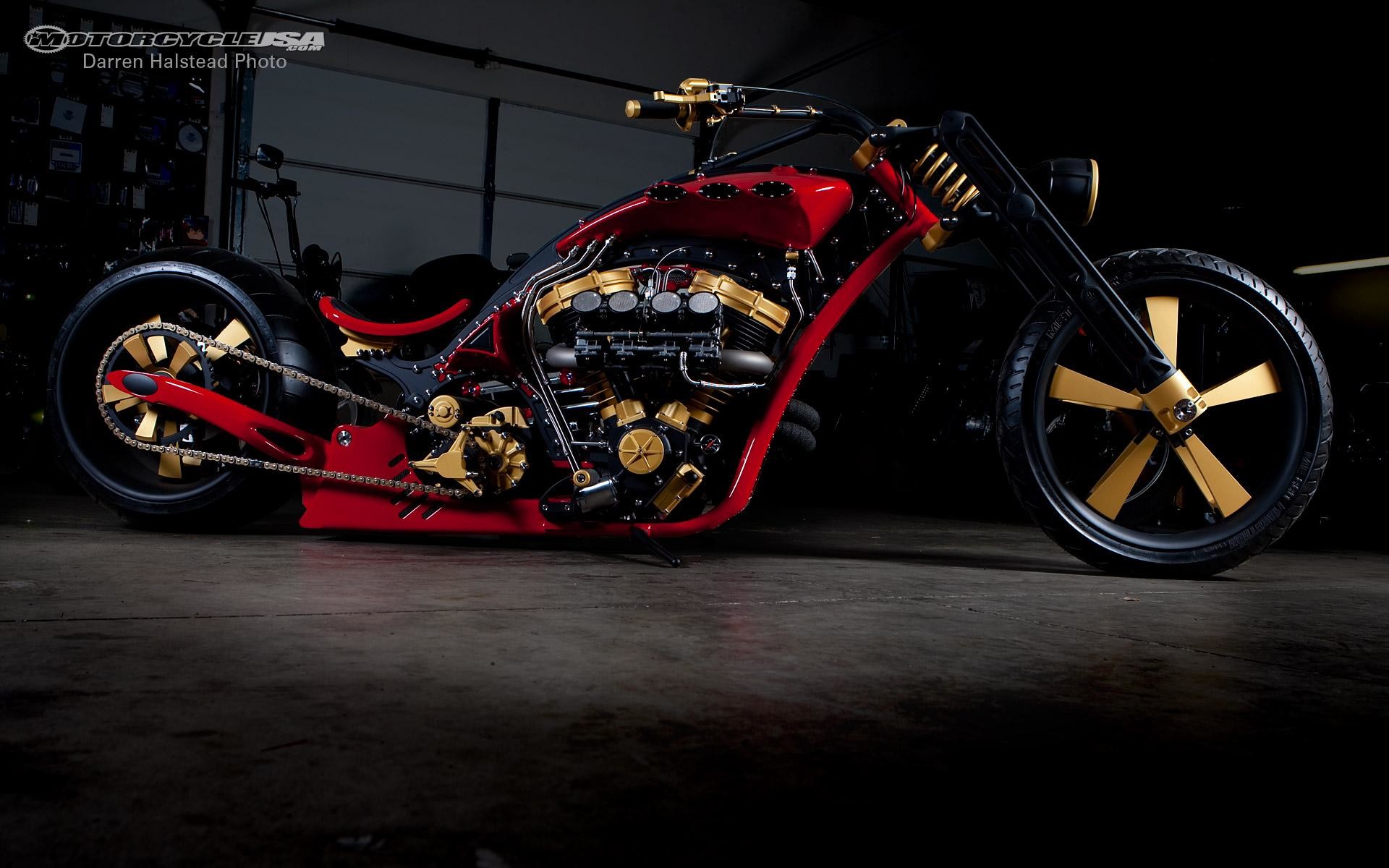 Chopper, Moto custom, Rosso e oro, Sfondo nero, Full HD, wallpaper per portatile