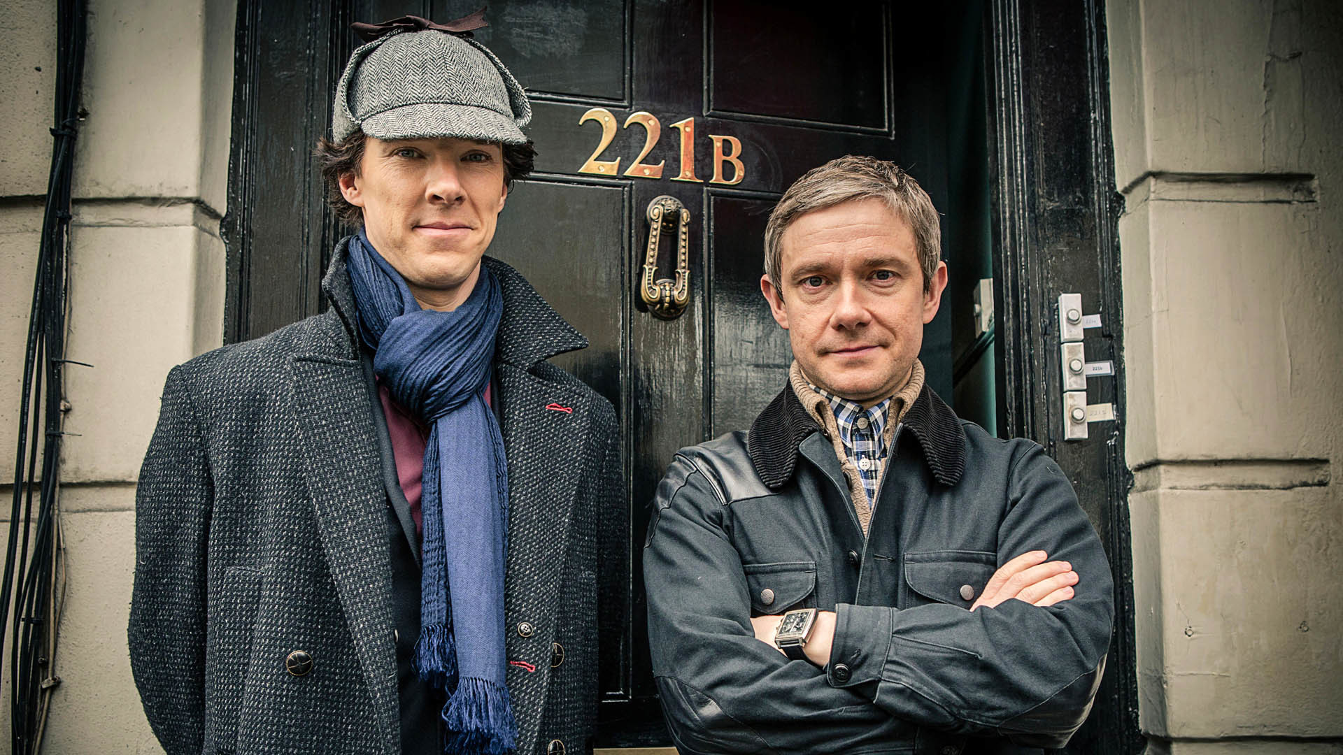 Sherlock Holmes, John Watson, Benedict Cumberbatch, Martin Freeman, 221B Baker Street, Deerstalker, sfondo Full HD