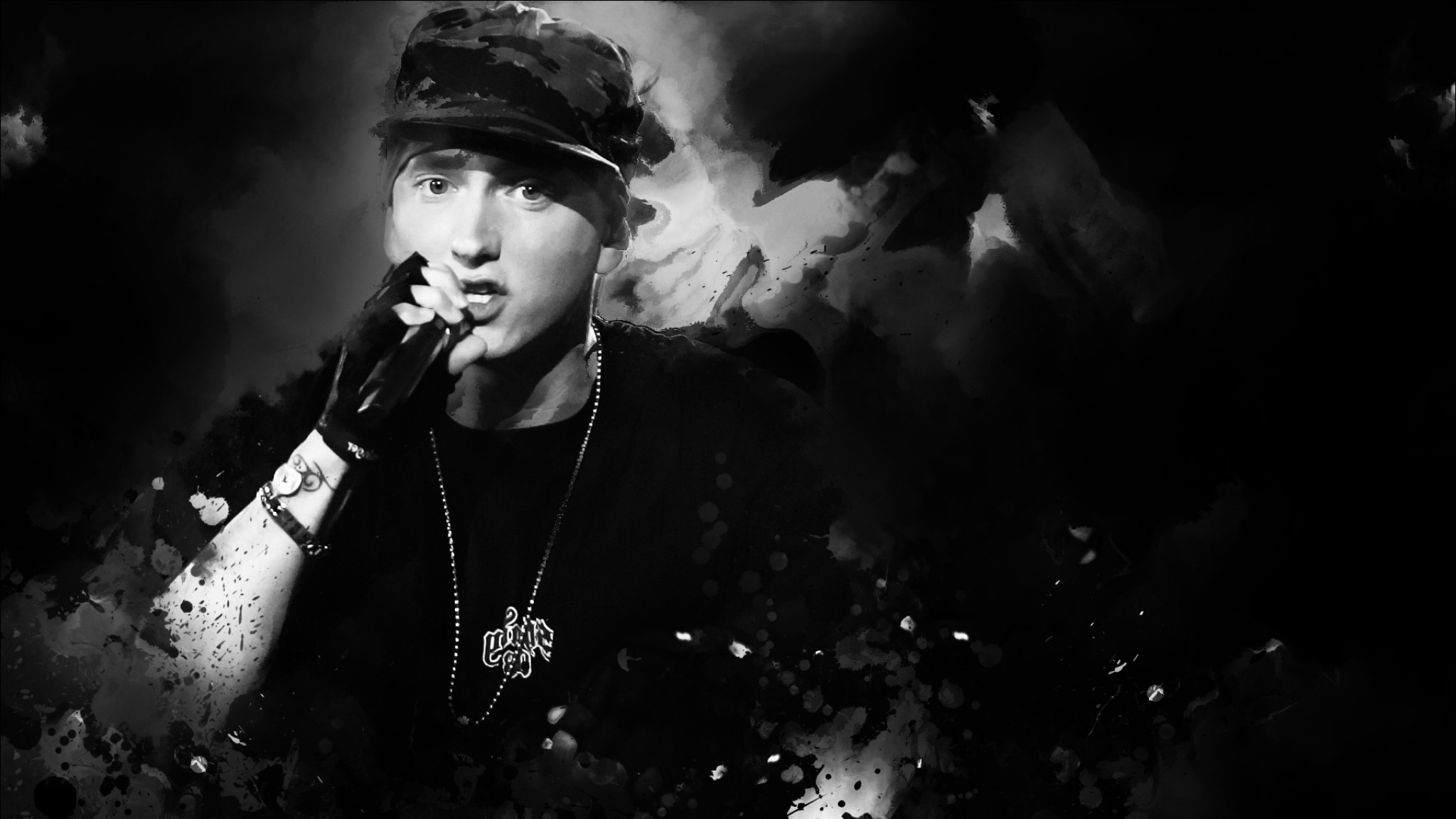 Eminem, Microfono, Cappellino, Bianco e nero, 16:9 Full HD, sfondo widescreen