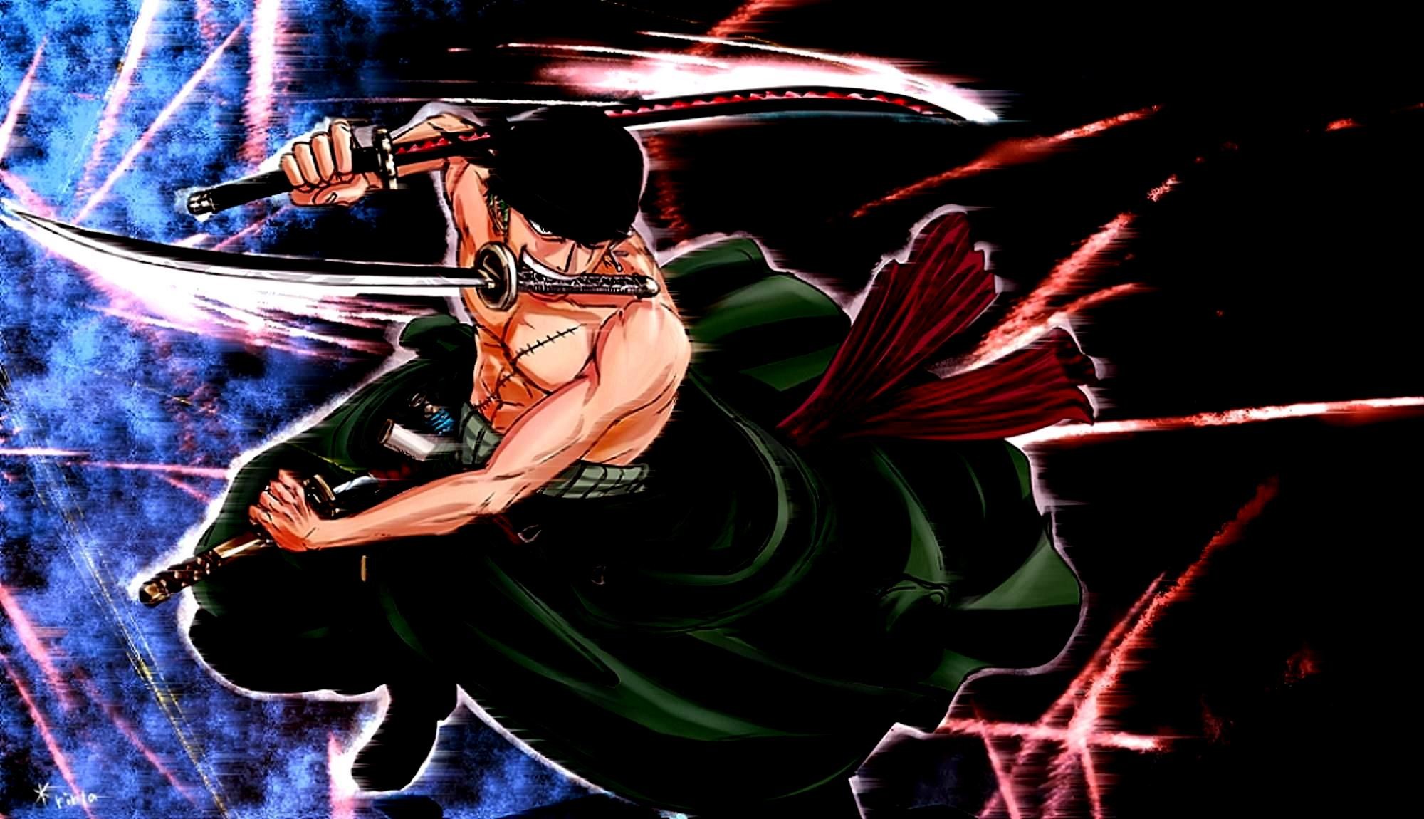 Roronoa Zoro, One Piece, Santoryu, Attacco, Linee rosse, Full HD, sfondo per portatile