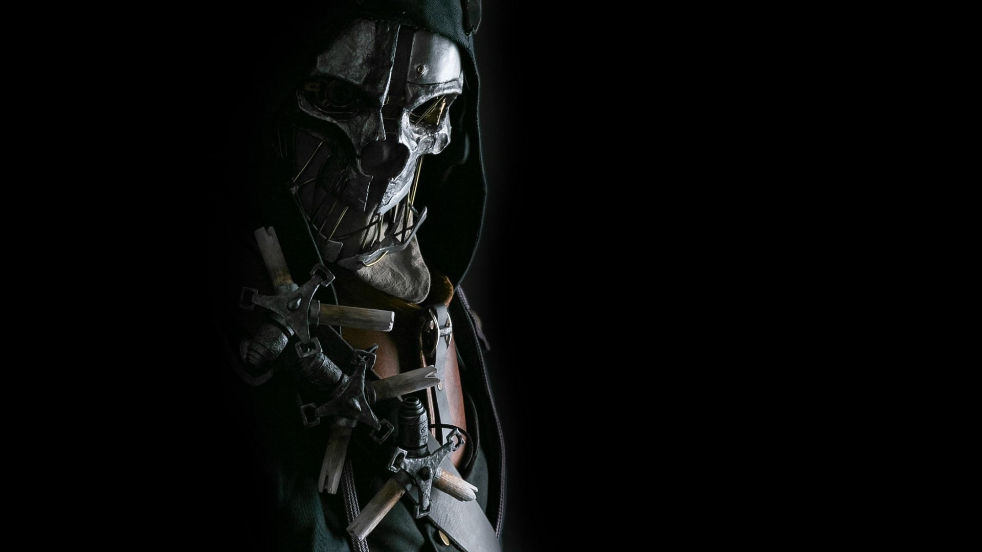 Corvo Attano, Dishonored, Maschera teschio, Sfondo nero, 1920x1080, wallpaper desktop