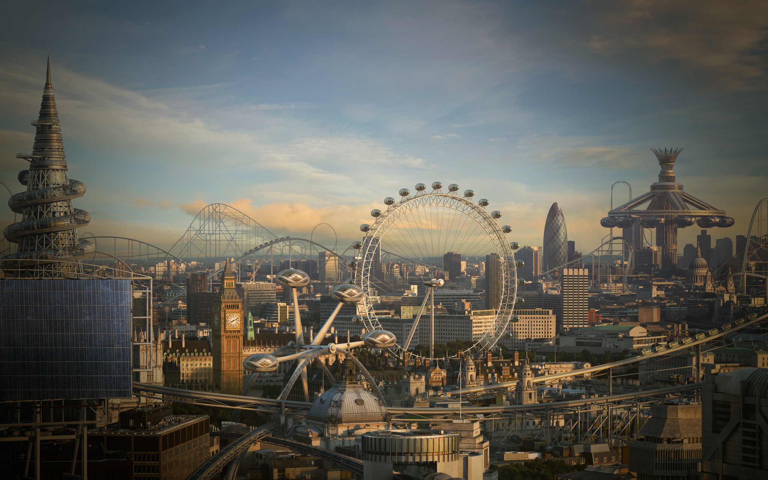 London Eye, Londra, Skyline, Tramonto, 16:10 2K, wallpaper widescreen